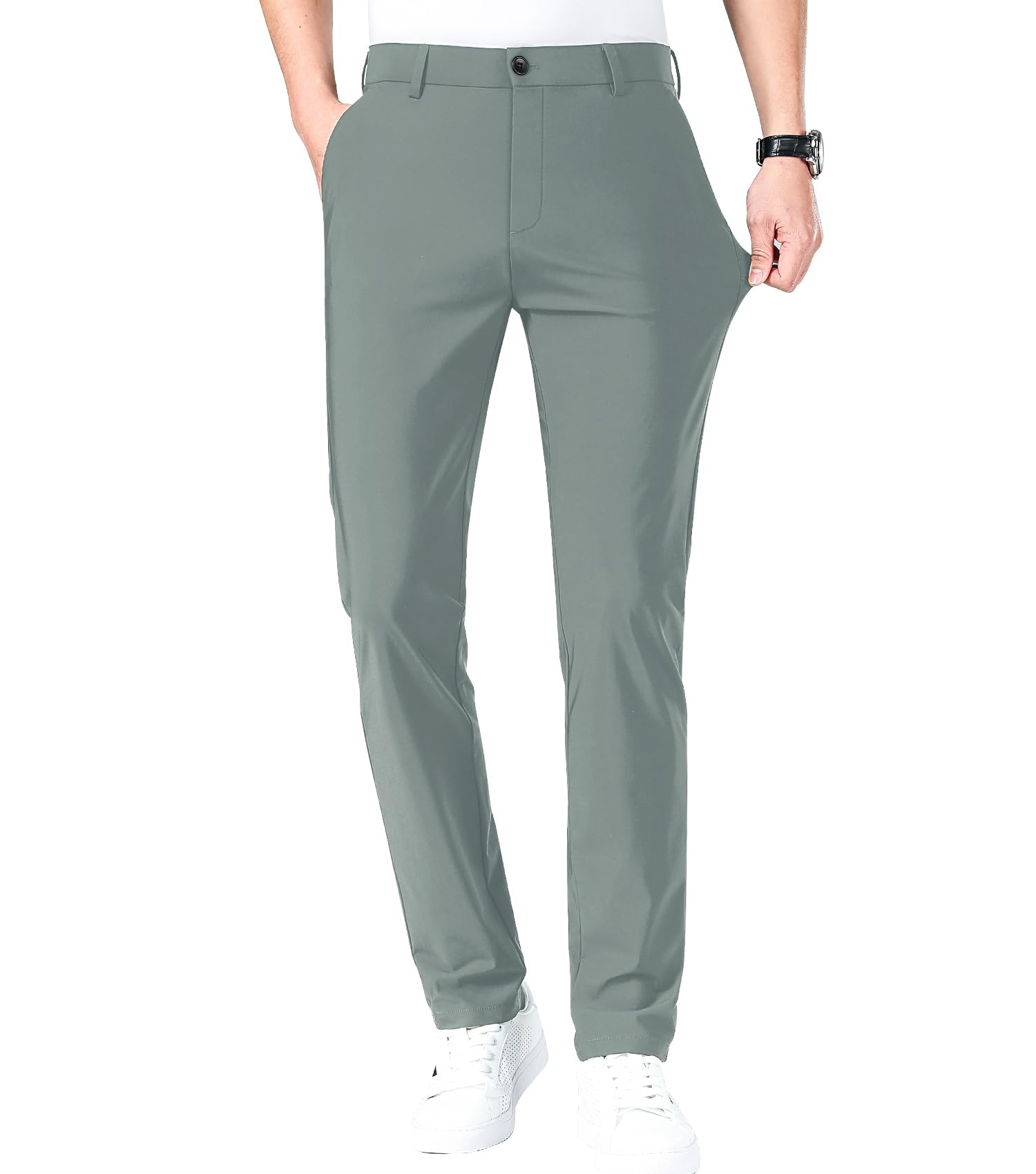 LUSHENUNI Men's Slim Fit Golf Pants - High Stretch Ice Silk Dress Pants with Expandable Waist for Comfortable Swing | Perfect for Golfing, Office Wear & Business Casual Outfits