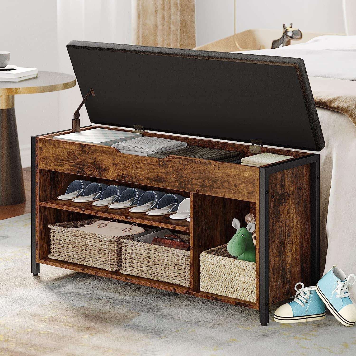 Multi-Functional Shoe Storage Bench with Lift Top & Adjustable Shelf - 35.5