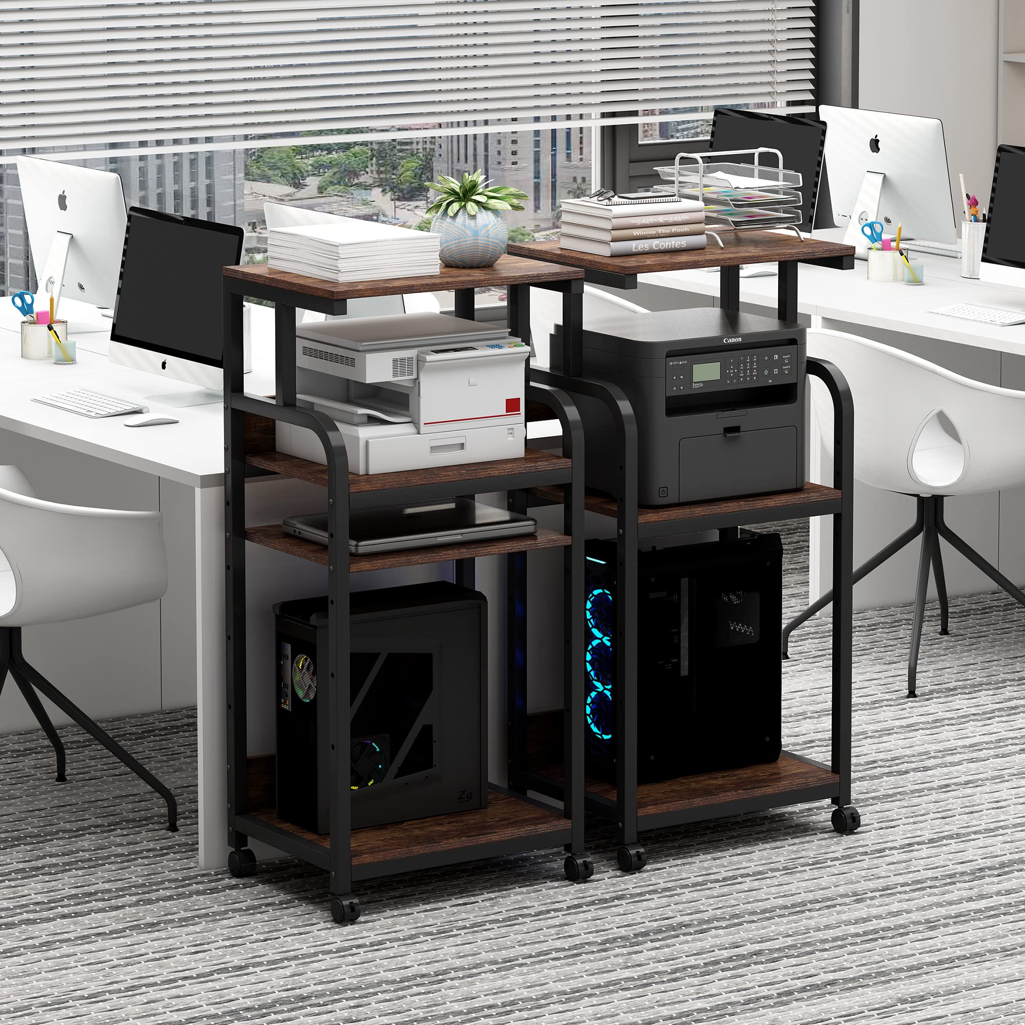 4-Tier Adjustable Printer Stand with Wheels - Rustic Brown Home Office Desk Organizer for Printer, Scanner & Supplies - Perfect for Small Spaces & Workspace Organization