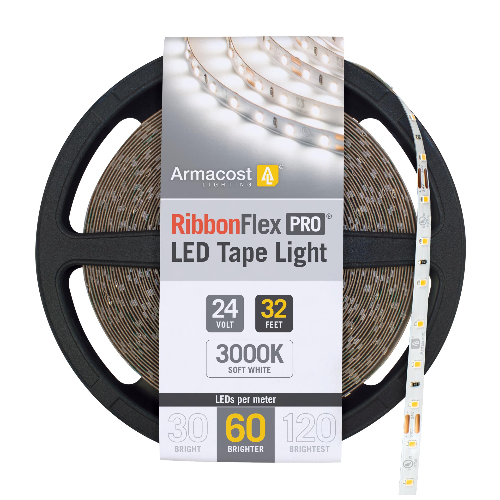Armacost RibbonFlex Pro LED Strip Lights - 32.8ft (10M) 24V Flexible Tape Lighting, 3000K Warm White, 60 LEDs/M - Perfect for Under Cabinet, Cove, and Accent Lighting in Homes & Commercial Spaces
