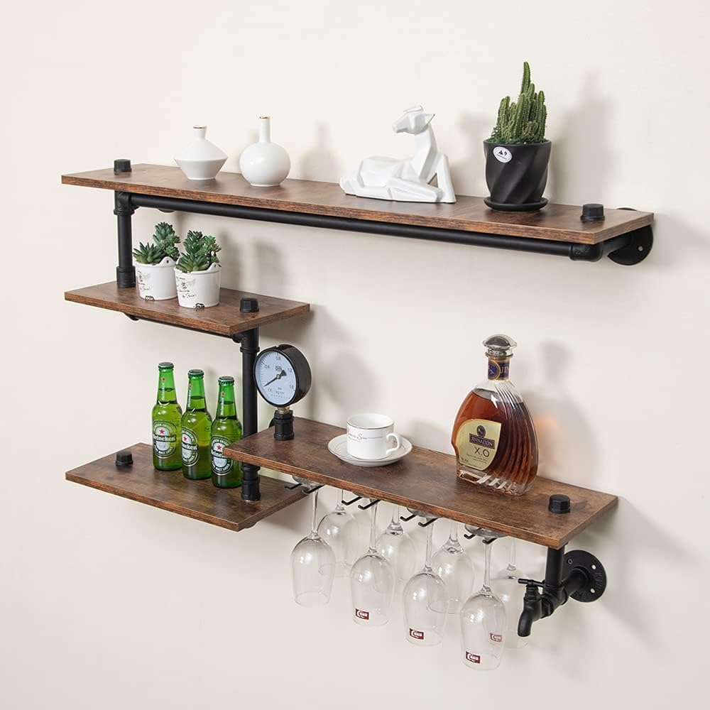 Industrial Pipe Wine Rack Wall Mounted - KaKaBB Bar Liquor Shelves with Stemware Hanger, Mini Wine Bottle Display Storage Holder for Kitchen, Dining Room & Home Bar (39.4