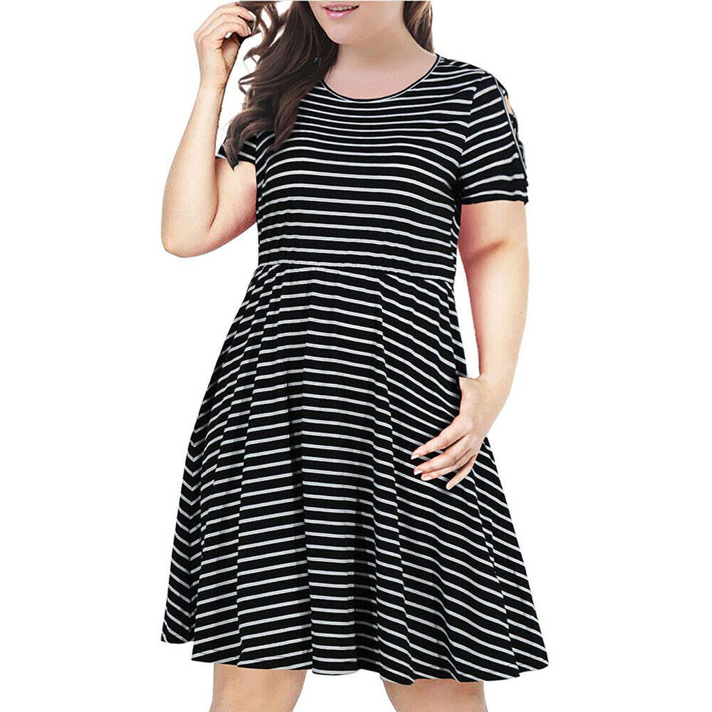 Women's Plus Size Striped Cold Shoulder Mini Dress - Short Sleeve V-Neck Cocktail Party Dress for Summer, Beach, and Special Occasions