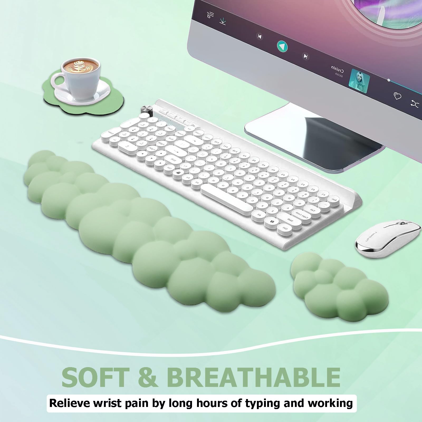 Ergonomic Keyboard Wrist Rest - PU Leather Memory Foam Cloud Pad for Pain Relief, Gaming, Office, Laptop, and Typing, Pastel Green - Ideal for Home, Work, and Travel Use