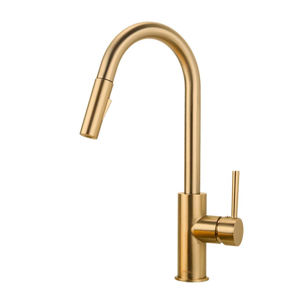 FORIOUS Brushed Brass High Arc Gooseneck Kitchen Faucet with Pull Down Sprayer - Single Handle Modern Sink Faucet with CUPC Ceramic Cartridge & Deck Plate - Perfect for Farmhouse, RV, and Residential Kitchen Sinks
