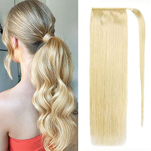 100% Remy Human Hair Clip-On Ponytail Extension - 20 Inch Straight Blonde (613) Natural Real Hair Wrap Around Ponytail for Women | Perfect for Daily Wear, Parties, Weddings & Cosplay
