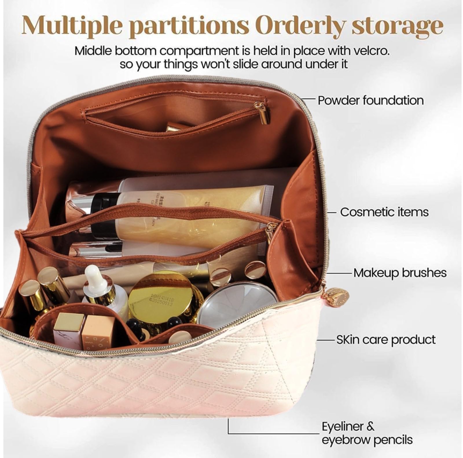 Large Capacity Waterproof Travel Makeup Bag - PU Leather Cosmetic Organizer with Divider & Handle, Portable Toiletry Bag for Women | Perfect for Air Travel, Gym, Vacation & Daily Use (Apricot White)