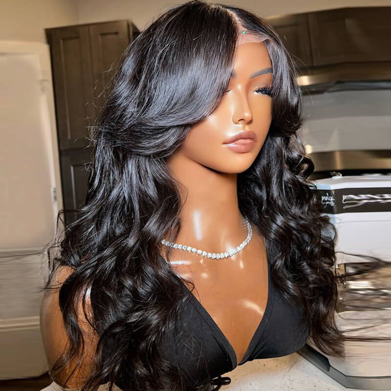 Eullair Loose Wave Human Hair Wig with Layered Cut & Curtain Bangs | Pre-Cut Lace Front Wig for Women | Perfect for Daily Wear, Cosplay & Special Occasions