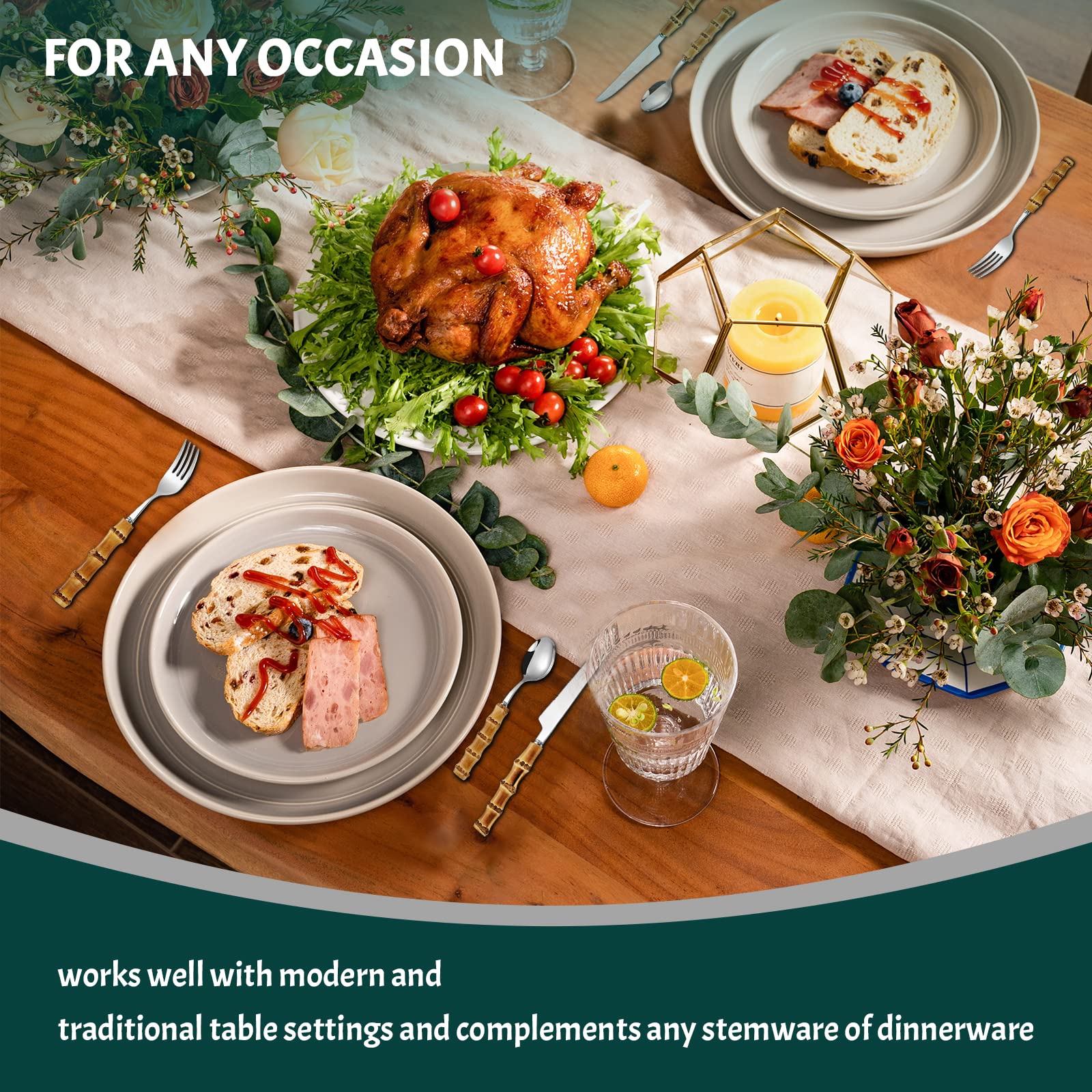 Eco-Friendly Bamboo Flatware Set for 6 - 30-Piece Reusable Kitchen Utensils with Natural Bamboo Handles (Dishwasher Safe) - Perfect for Sustainable Dining, Picnics & Eco-Conscious Households
