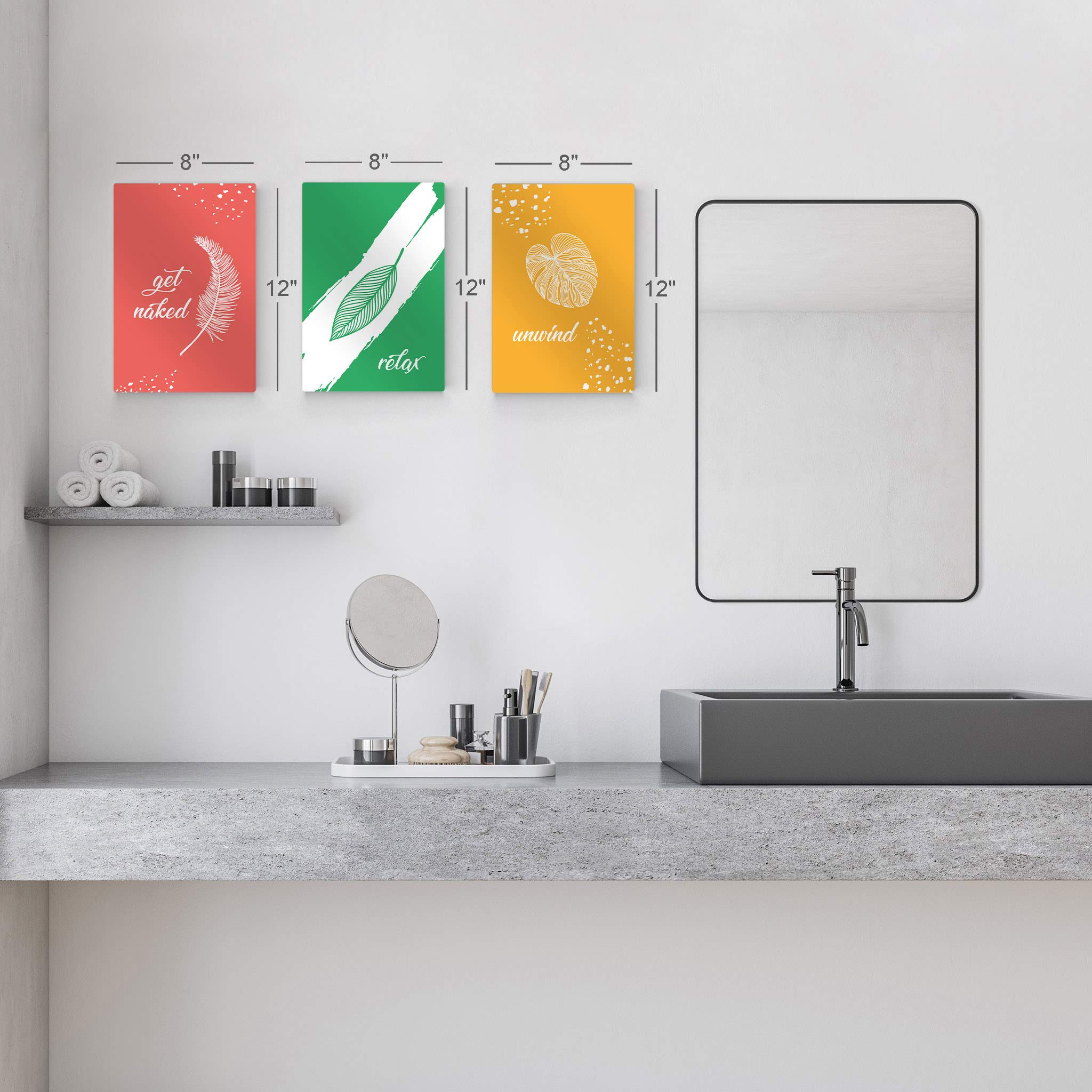 Smile Art Design 'Get Naked, Relax, Unwind' 3-Piece Metal Print Set - Funny Bathroom Wall Decor Signs (12x8 Inches) Ready to Hang - Perfect for Bathroom, Toilet & Spa Decor