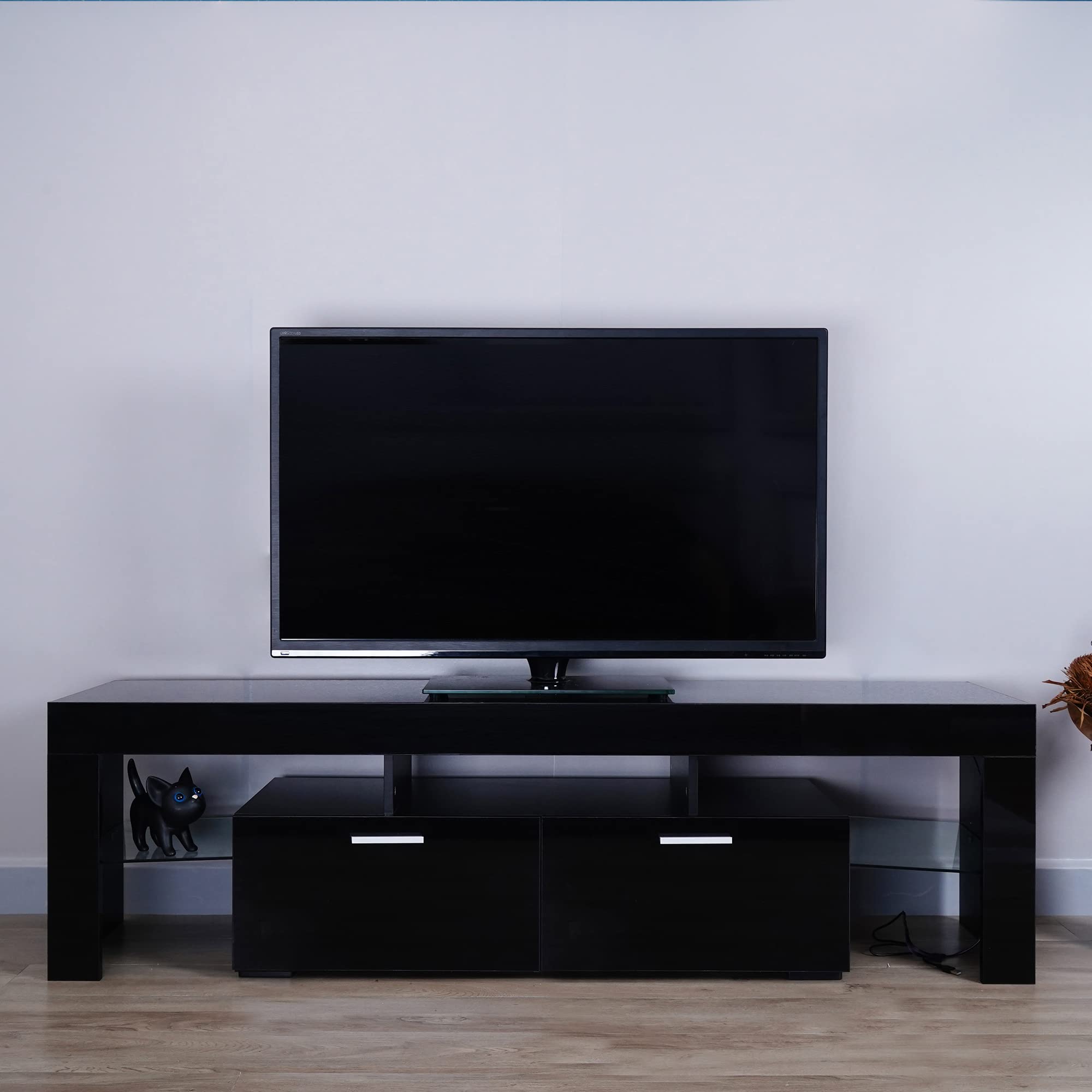 Modern Black TV Stand with LED Lights - High Glossy Entertainment Center Cabinet for Living Room, Bedroom & Lounge - Easy Assembly TV Bench for Home Theater Setup & Media Storage