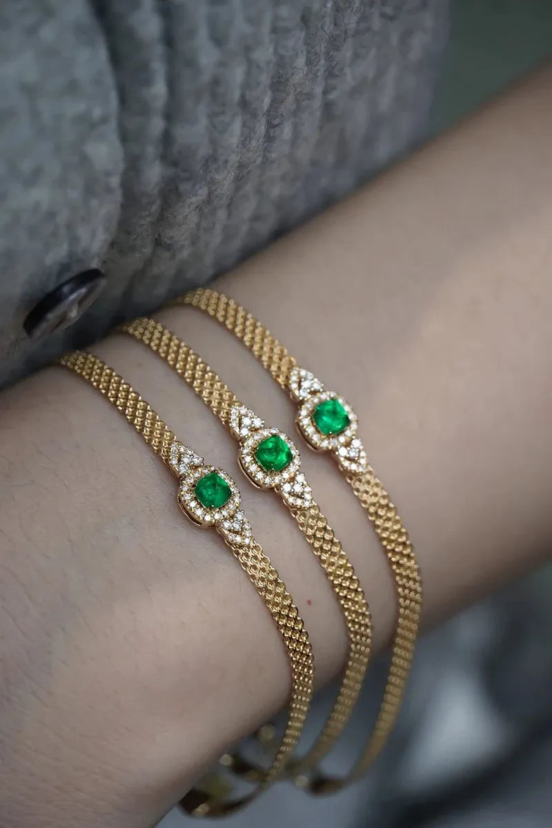 18K Yellow Gold Diamond & Natural Panjshir Emerald Bracelet for Women - Romantic Wedding Jewelry Gift for Anniversary, Engagement & Special Occasions