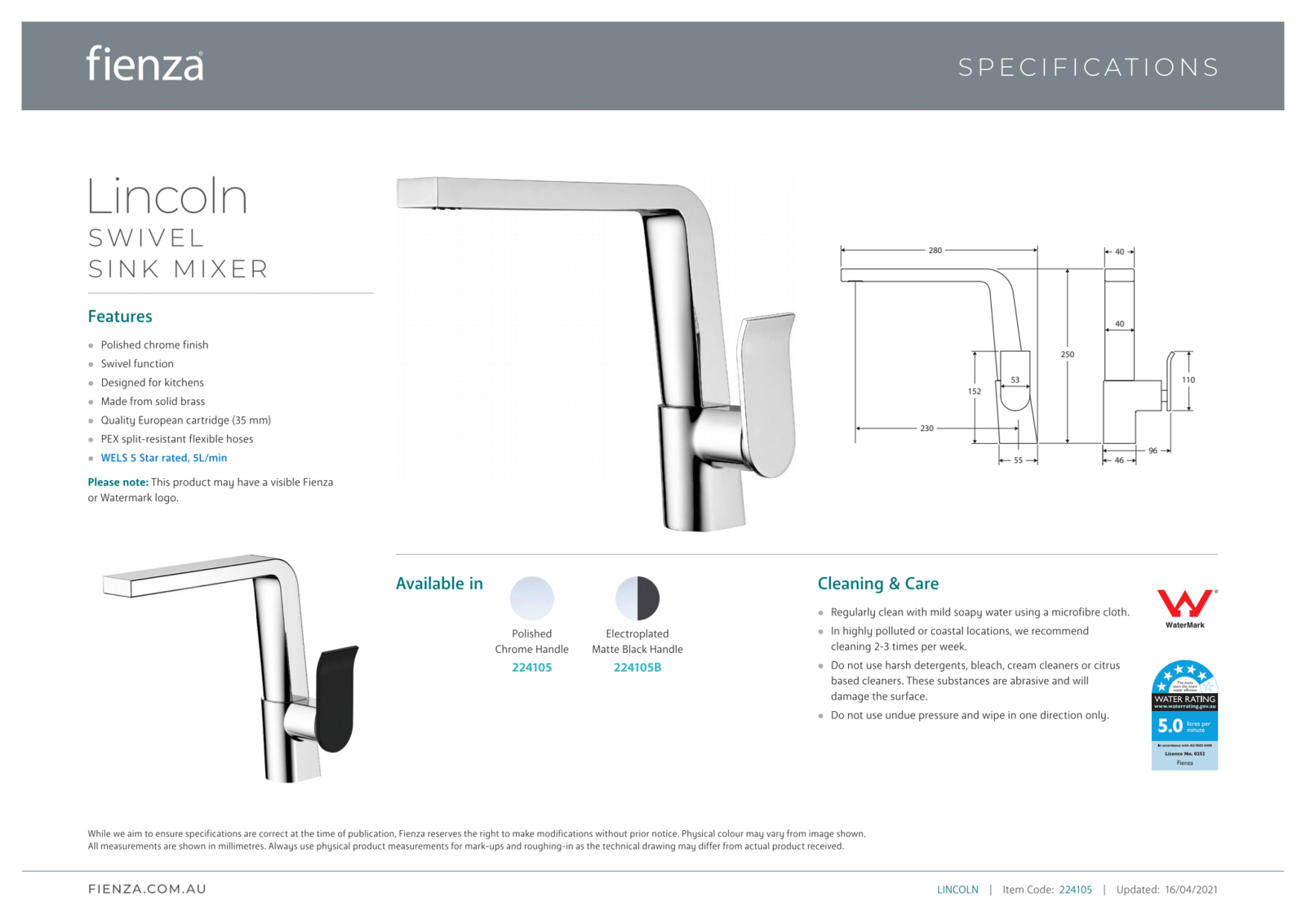 Fienza Lincoln 224105 Swivel Sink Mixer Faucet - Mixed Finish for Kitchen & Bathroom - Perfect for Modern Home Renovation and Daily Use