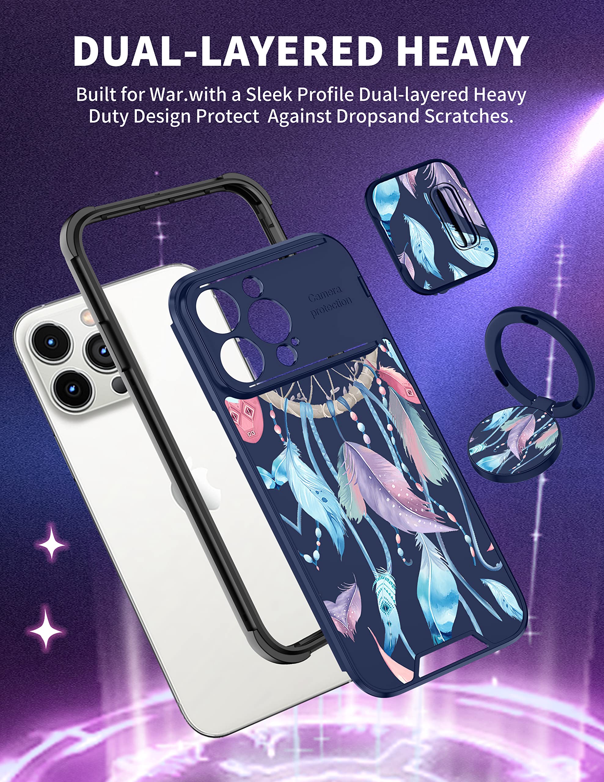 2in1 iPhone 14 Pro Max Case with Slide Camera Cover & Ring Holder - Dream Catcher Aesthetic Fashion Design for Women Girls (6.7