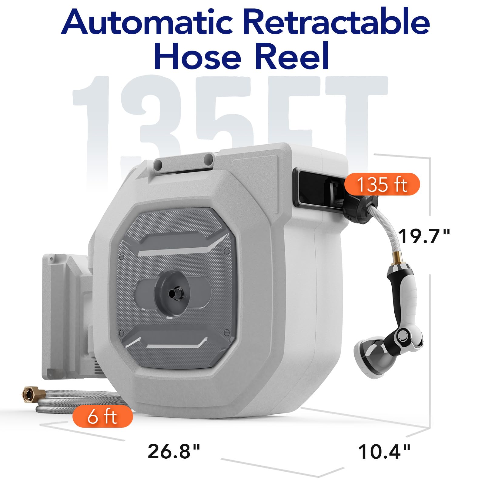135 ft Heavy Duty Retractable Garden Hose Reel - Wall Mount Outdoor Water Hose Organizer with Self-Retracting Auto Recoil, Adjustable Length Lock & 10 Spray Pattern Nozzle (White) - Perfect for Lawn Care, Car Washing & Outdoor Cleaning