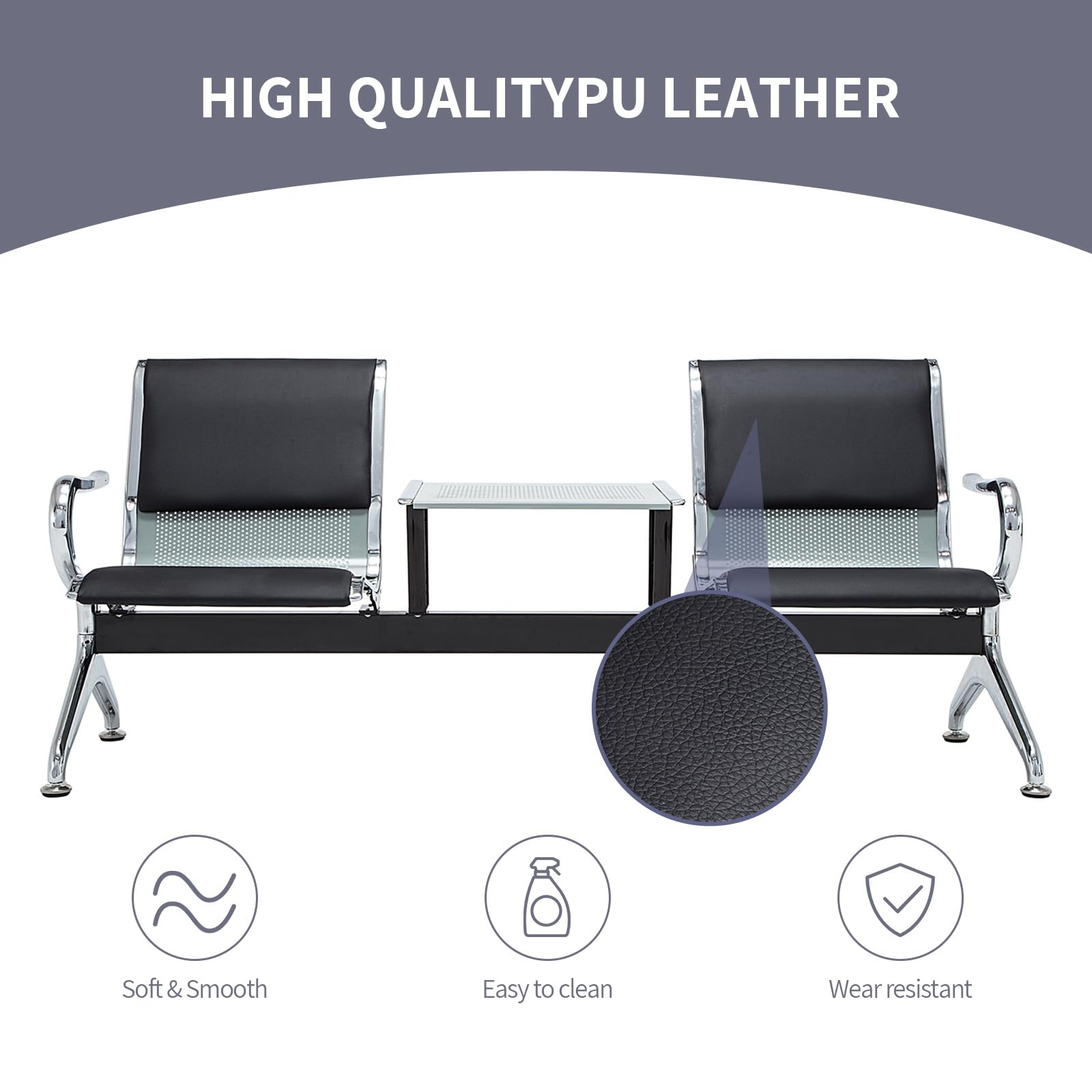 2-Seat PU Leather Waiting Room Chairs with Table & Armrests - Reception Bench for Office, Bank, Hospital, School, Barbershop & Airport - Black Chrome Metal Frame - Perfect for Lobby Seating, Patient Waiting Areas & Public Spaces