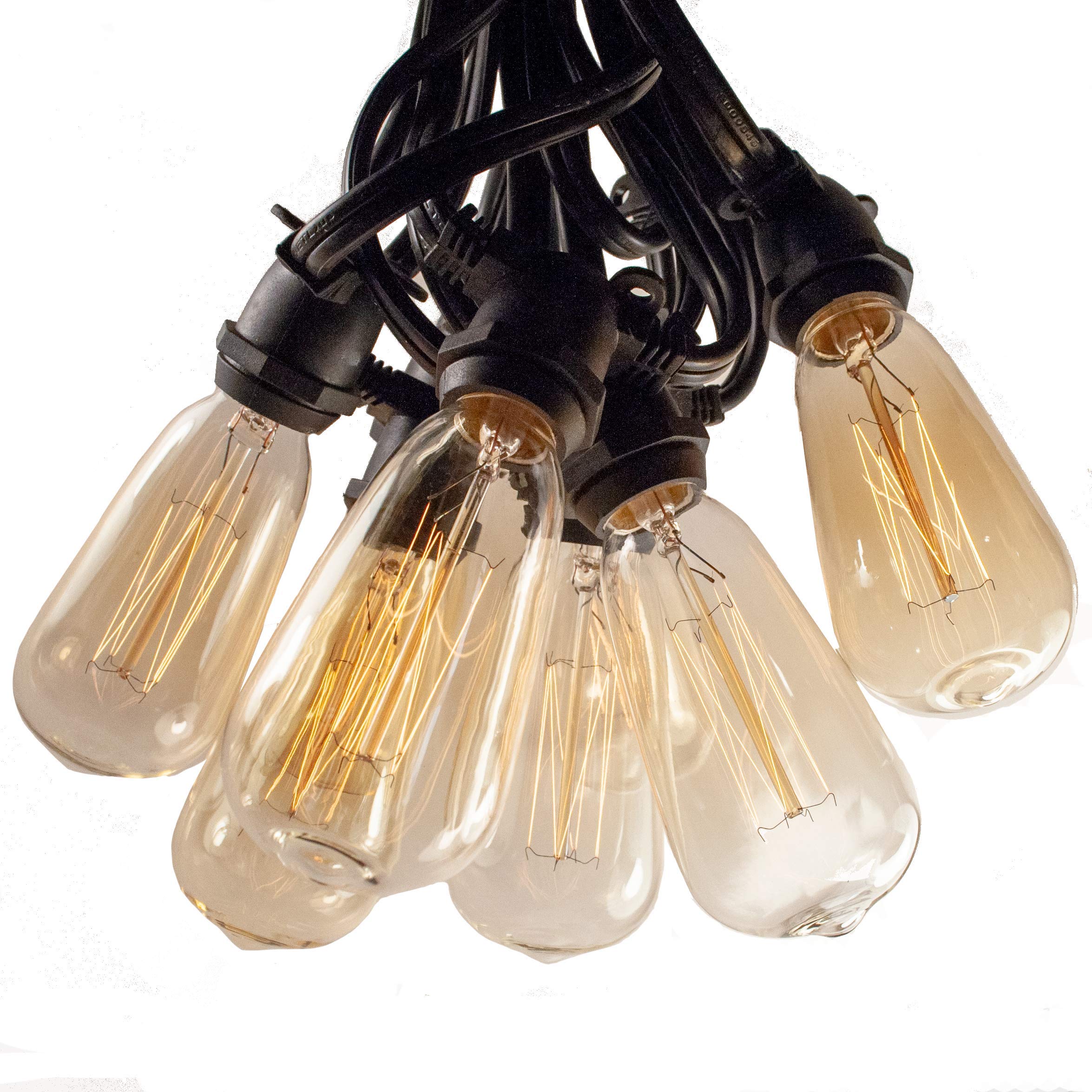 Commercial Edison Bulb Outdoor String Lights - 50 ft Black Wire with Hand-Threaded Filament (ST40 Lantern Style) for Patio, Garden & Restaurant Decoration