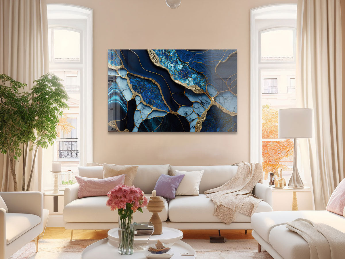 Golden Veined Blue Abstract Wall Art - Modern Canvas Painting for Home & Office Decor - Perfect for Living Room, Bedroom or Workspace