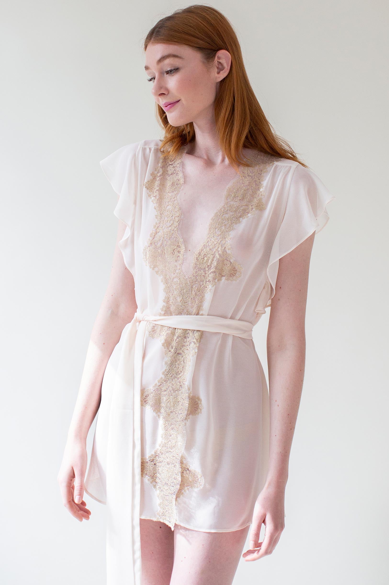 Elegant Honey Flutter Sleeves French Lace Robe in Rose Gold - Perfect for Bridal Shower, Wedding Party & Romantic Date Nights
