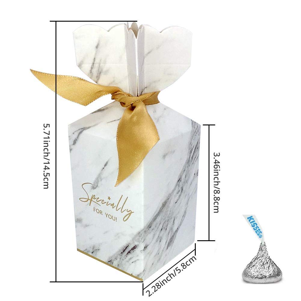 50Pcs Pink & White Wedding Favor Boxes with Gold Ribbons - 2.28x3.46x5.71 Inch DIY Candy Gift Boxes for Bridal Shower, Birthday Party, Baby Shower & Special Events