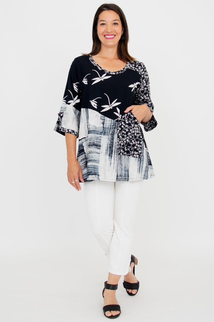 Elegant Palace Blouse with Black & White Dragonfly Print - Perfect for Casual Outings, Office Wear & Special Occasions