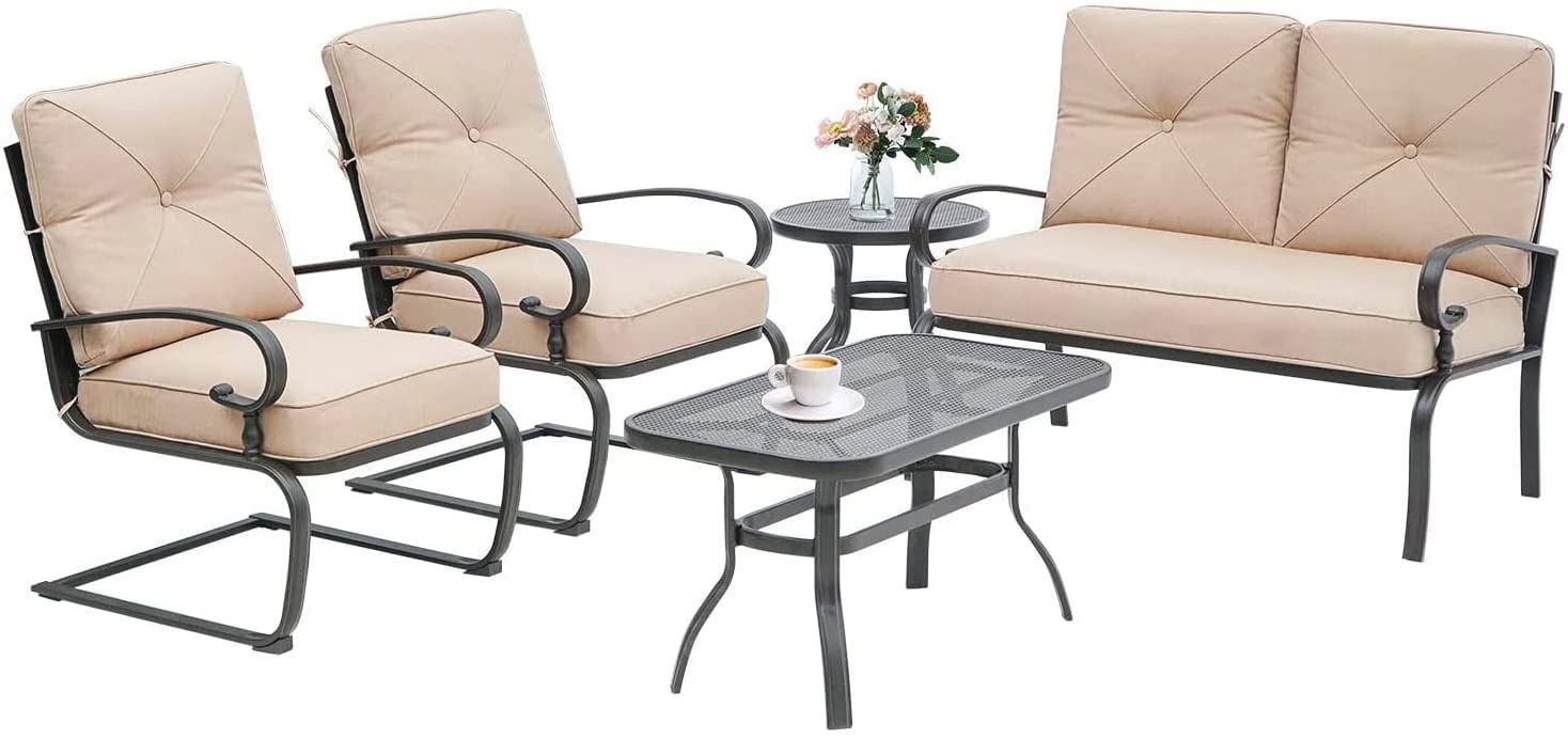 Incbruce 5-Piece Wrought Iron Patio Furniture Set - Outdoor Metal Conversation Set with Loveseat, Coffee Table, Bistro Table & 2 Spring Chairs (Brown Cushions Included) - Perfect for Garden, Backyard, Poolside or Terrace Relaxation