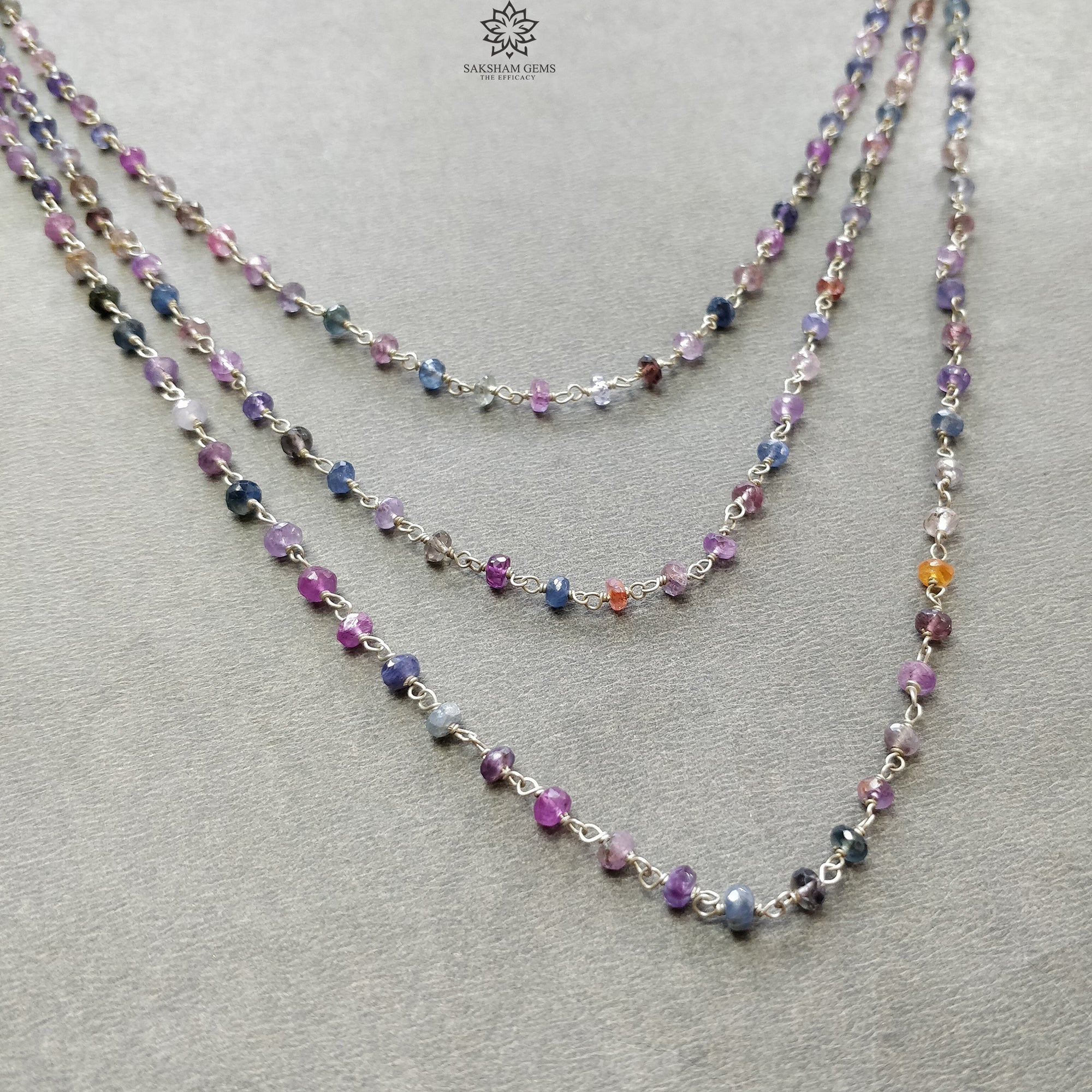 925 Sterling Silver Multi Sapphire Gemstone Beaded Necklace - 20.04gms Natural Faceted Sapphire 3-Step Beaded Necklace for Women | Perfect for Weddings, Parties & Special Occasions