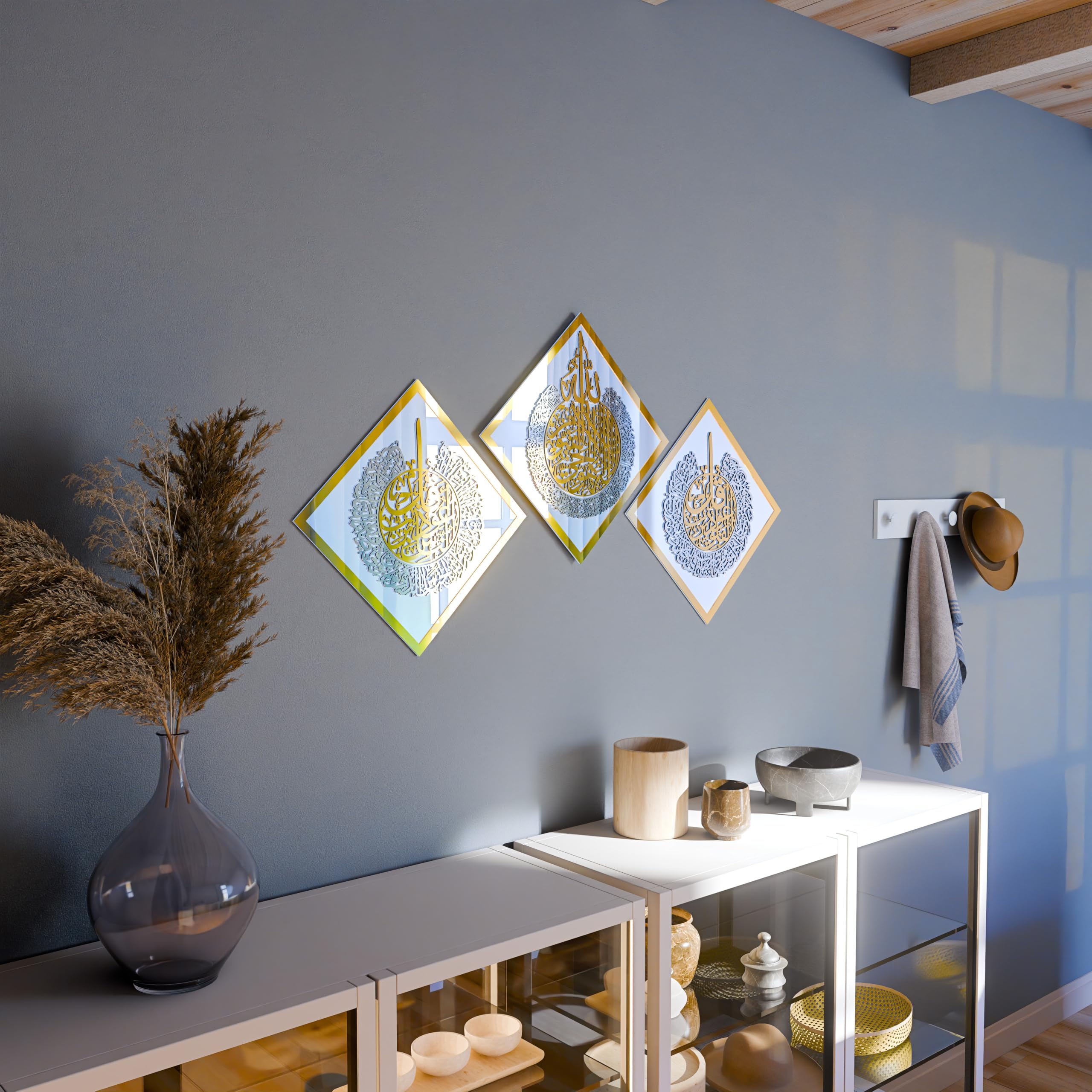 3-Piece Islamic Wall Art Set - Ayatul Kursi, Surah Al Falaq & An Nas Quran Verses in Arabic Calligraphy | Tempered Glass Mirror Decor for Home & Mosque | Perfect Muslim Gift for Ramadan, Eid & Daily Prayers (White Glass)