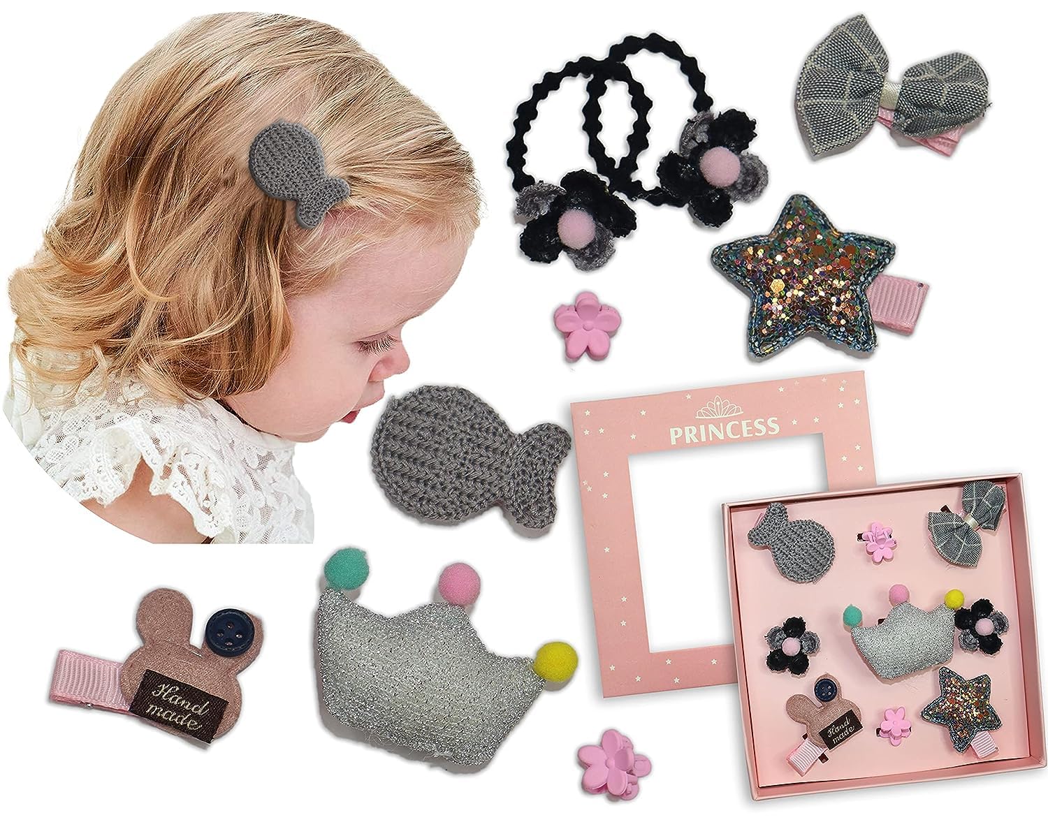 FIMBUL Baby Hair Clips Set - 9 Pcs Cute Hair Bows & Elastic Hair Ties for Girls, Soft Hair Accessories for Toddlers (Style-2) - Perfect for Daily Wear, Parties & Photo Shoots