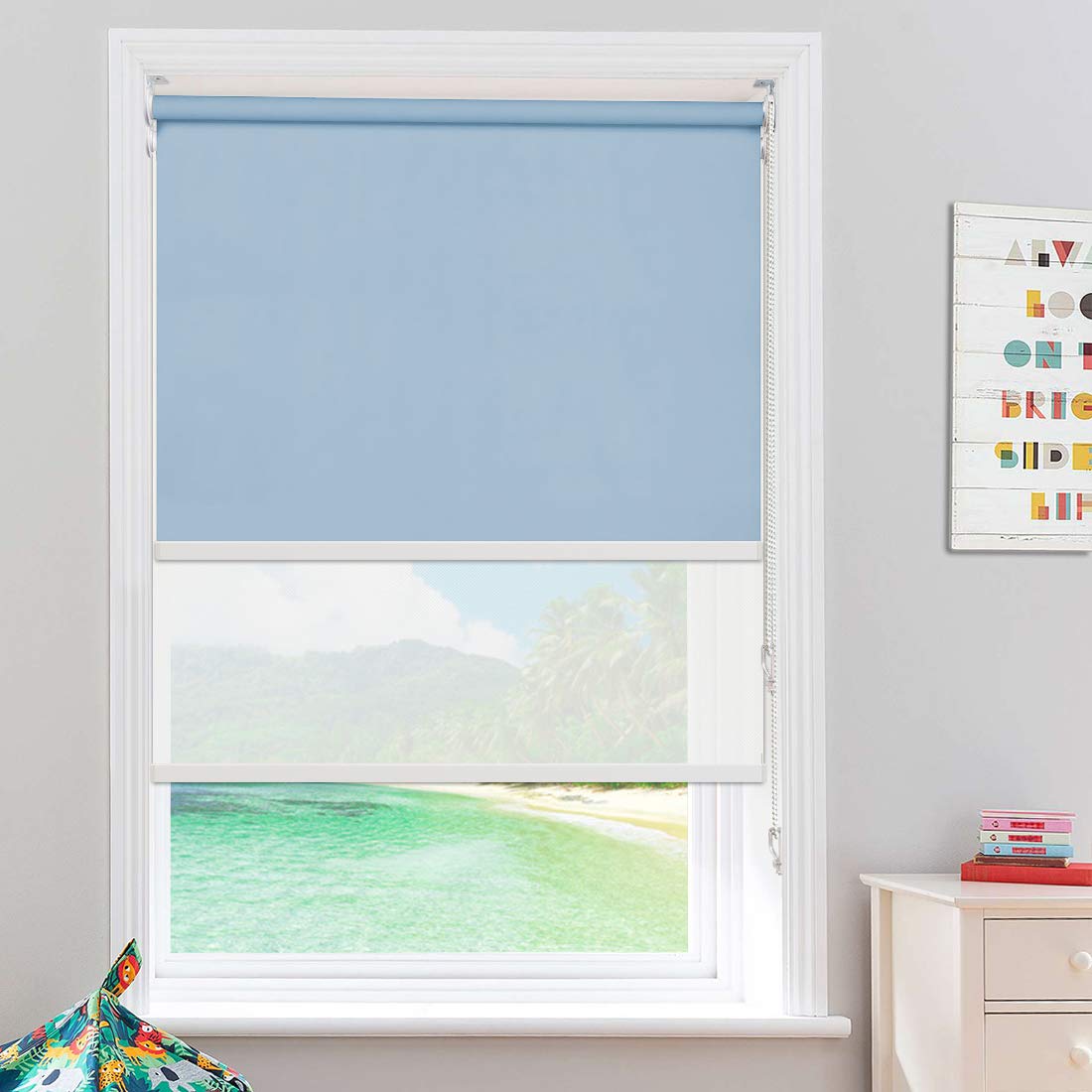 Keego Blackout Shades - Dual Roller Window Blinds with Light Filtering & Blackout Options [Light Blue Blackout & White 50% Filtering, 28