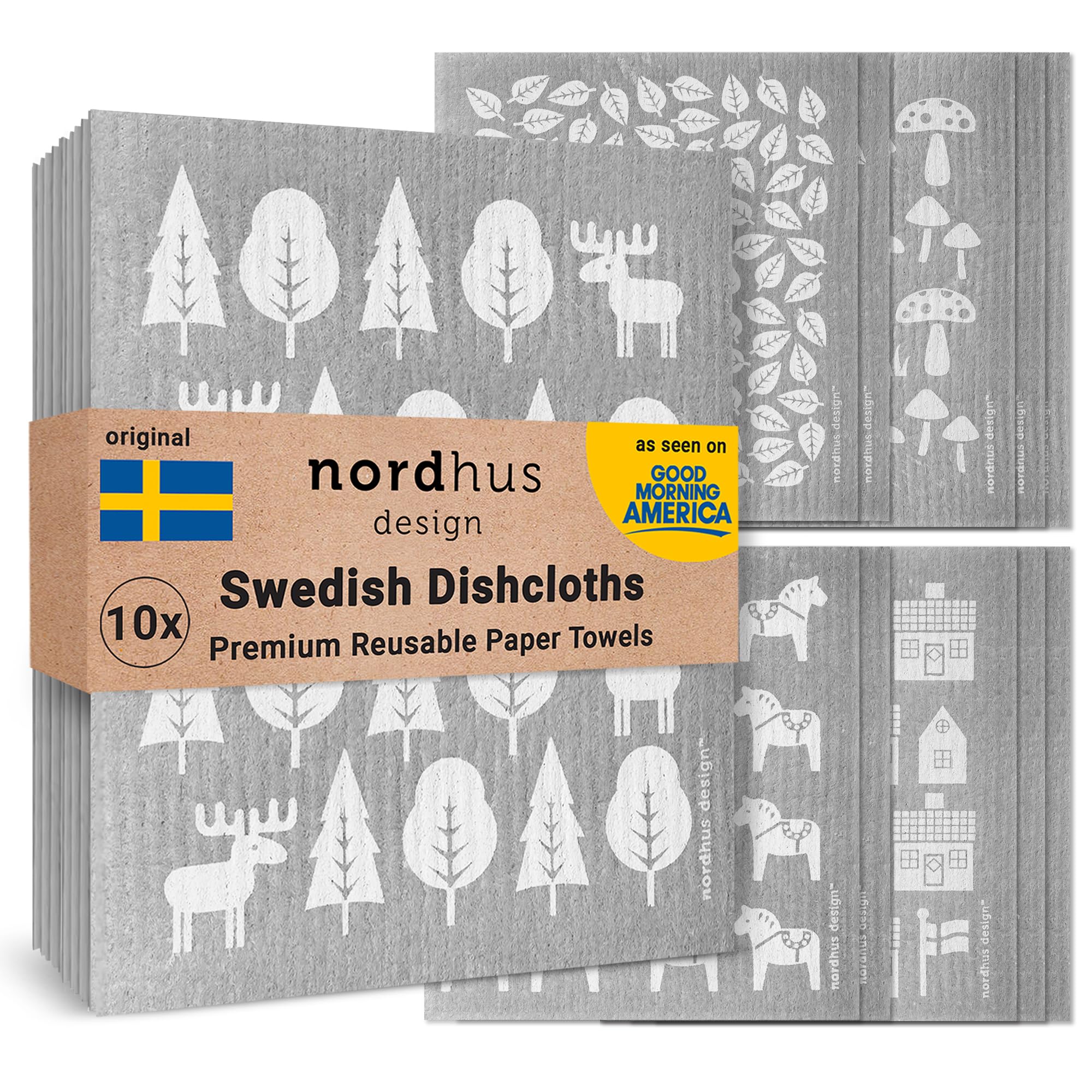 Premium Swedish Dishcloths - 10 Pack Grey Reusable & Washable Cellulose Cotton Kitchen Towels | Eco-Friendly Alternative to Paper Towels, Sponges & Dish Rags | Made in Sweden | Perfect for Dishwashing, Counter Cleaning & Household Chores
