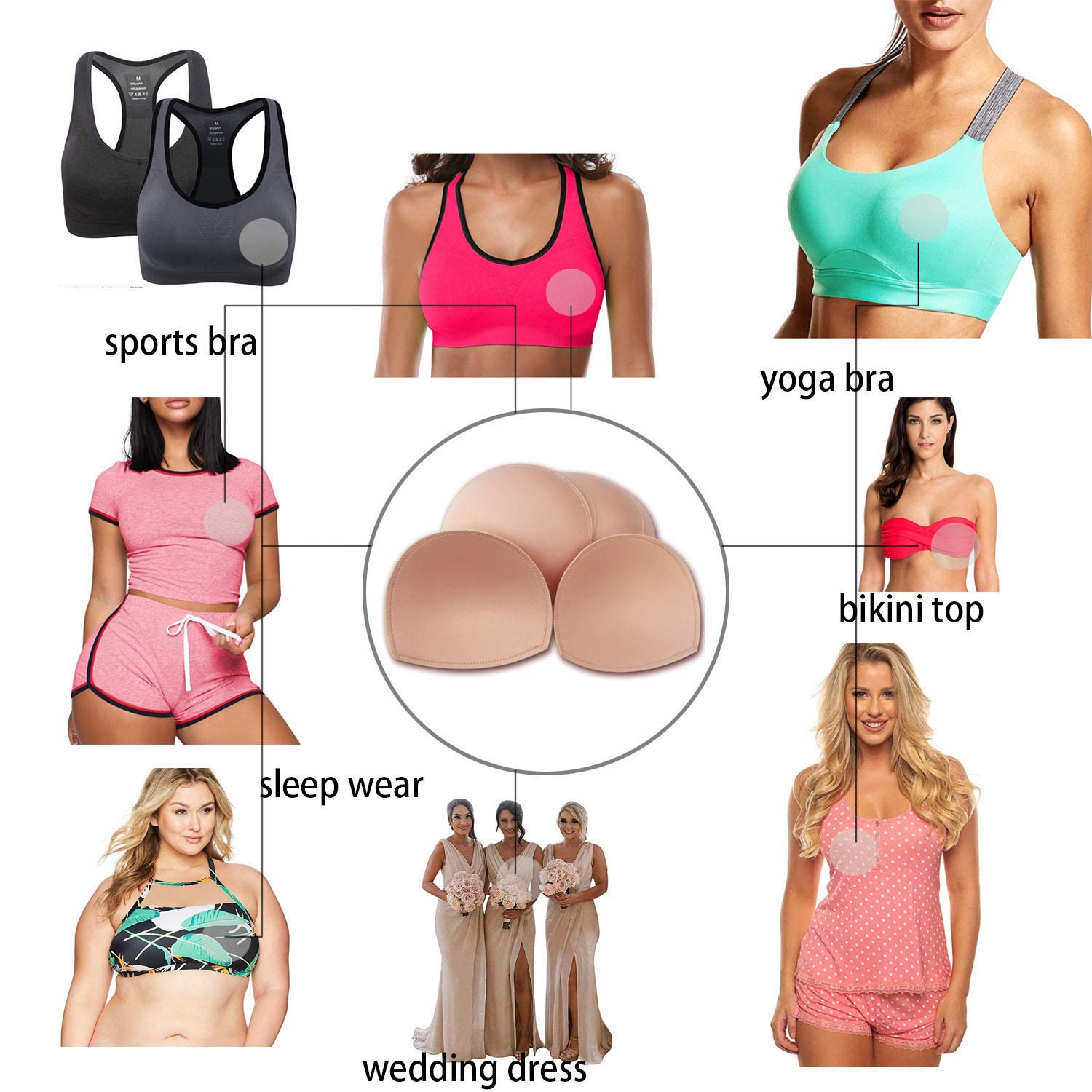 WMugthome 3-Pair Sewn Bra Pads Inserts for Women - Soft Removable Padding for Sports Bras, Yoga Bras & Push Up Bras - Nipple Coverage & Enhanced Comfort (Ideal for Gym, Workout & Everyday Wear)