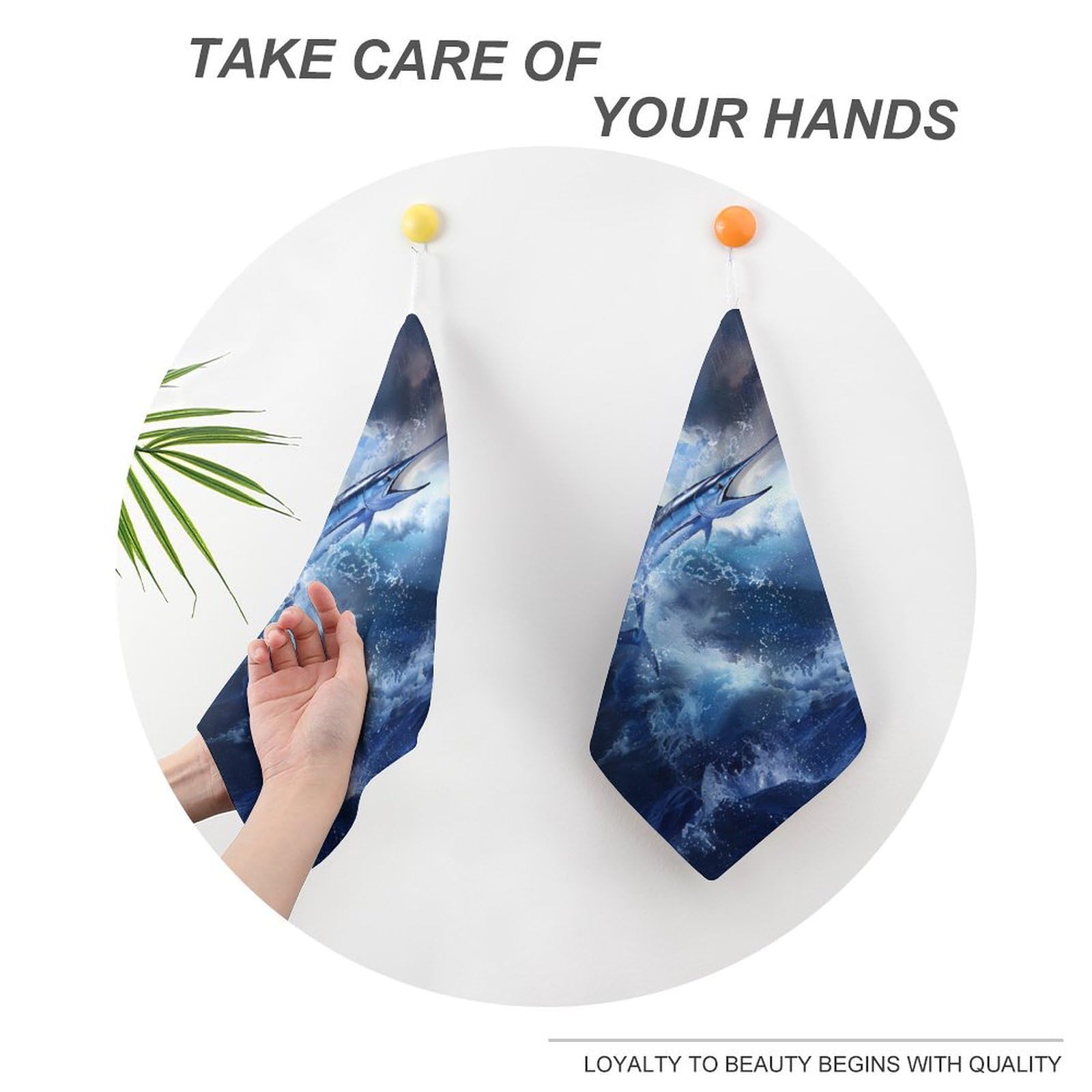 Premium Blue Marlin Fish Hand Towel & Washcloth Set - Soft, Absorbent Bath Towels with Hanging Loop for Travel, Home & Bathroom - 2PCS - Perfect for Beach Houses, Nautical Decor & Ocean-Themed Bathrooms
