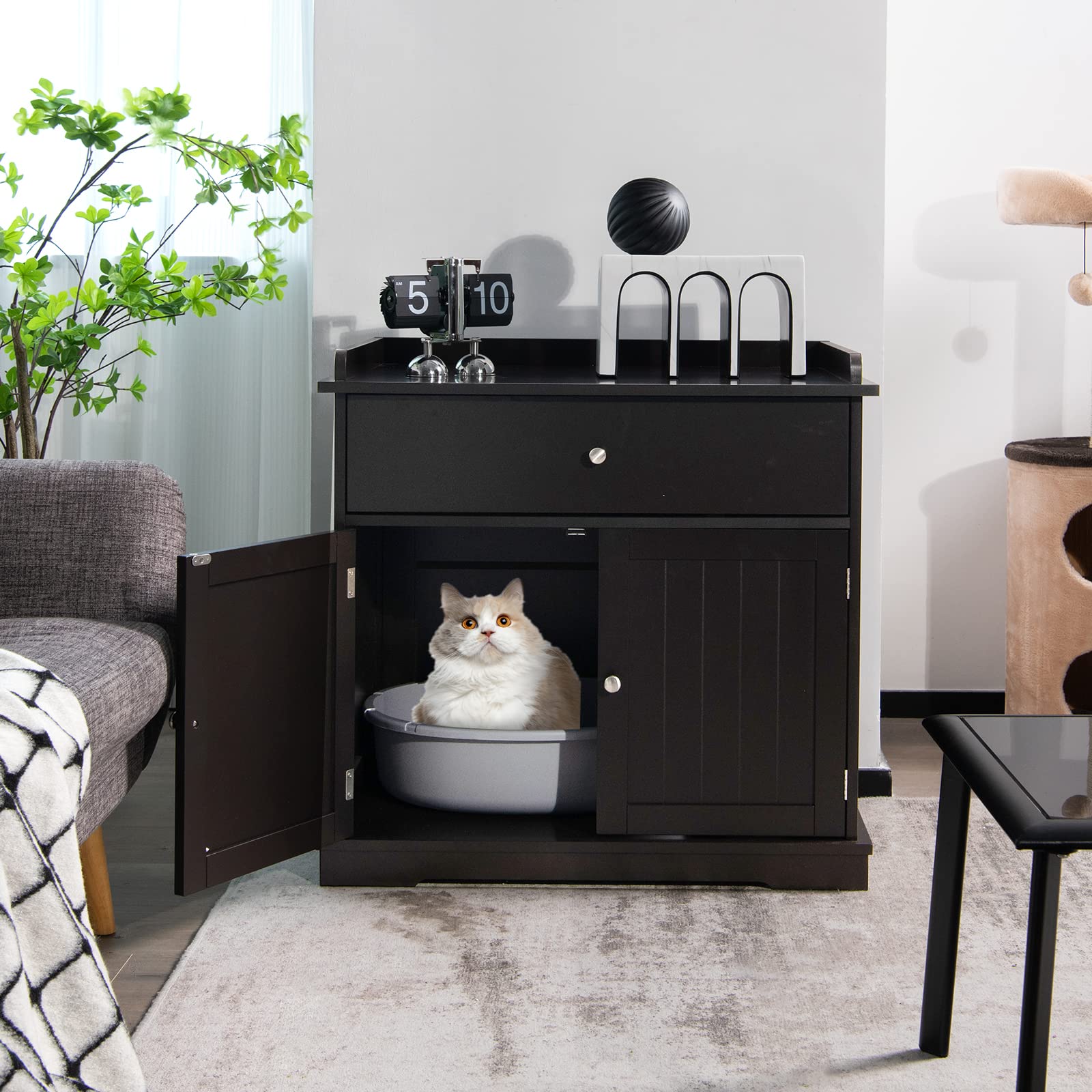 PETSITE Large Cat Litter Box Enclosure - Wooden Cat Washroom End Table with Drawer & 2 Doors, Hidden Litter Box Furniture Storage Cabinet for Home Decor (Brown) | Perfect for Small Spaces & Multi-Cat Households