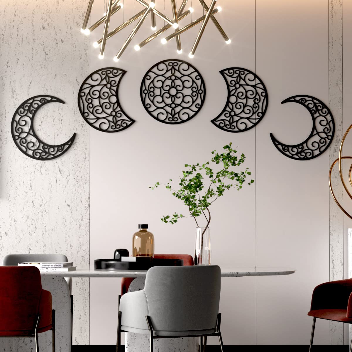 Bnesi 5Pcs Moon Phase Wall Decor - 12 Inch Spiritual Boho Bedroom Hanging Decorations for Home, Black | Perfect for Meditation Rooms, Yoga Spaces & Bohemian Home Decor