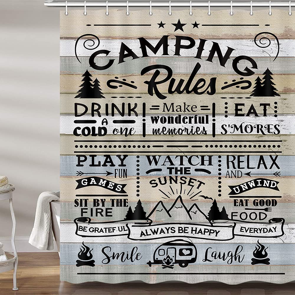 Farmhouse Style RV Shower Curtain Set for Travel Trailers - 72x72 Inch Waterproof Camping Bathroom Curtain with Hooks - Perfect for Outdoor Decor, Camper Van & Tiny House Bathrooms - Rustic Camping Quote Design for Cozy RV Living