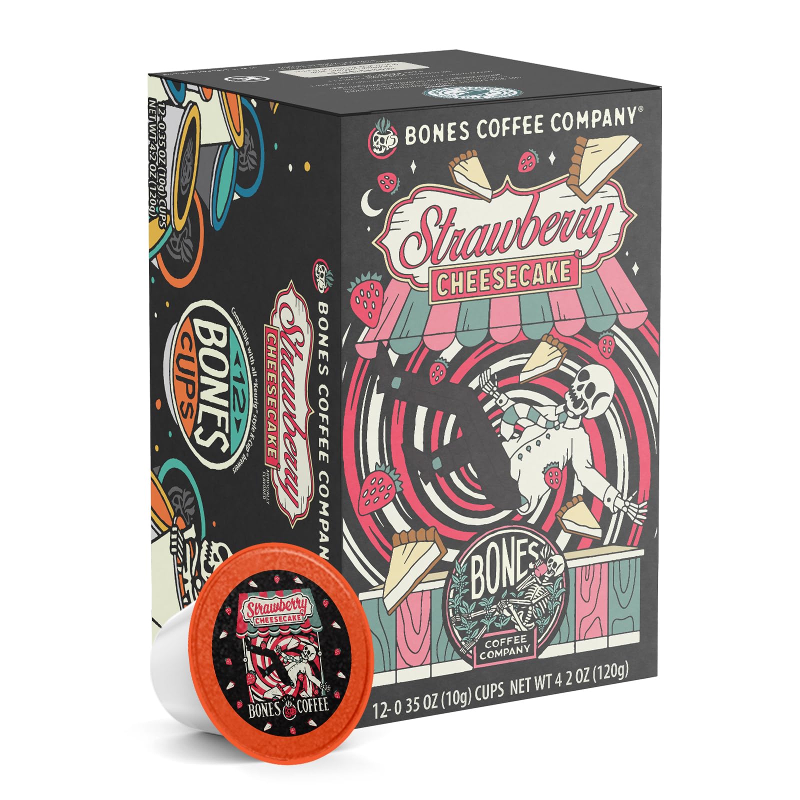 Bones Coffee Company Strawberry Cheesecake Flavored Coffee Pods - 12 Count, Compatible with Keurig 1.0 & 2.0 Brewers - Perfect for Breakfast, Dessert or Office Break
