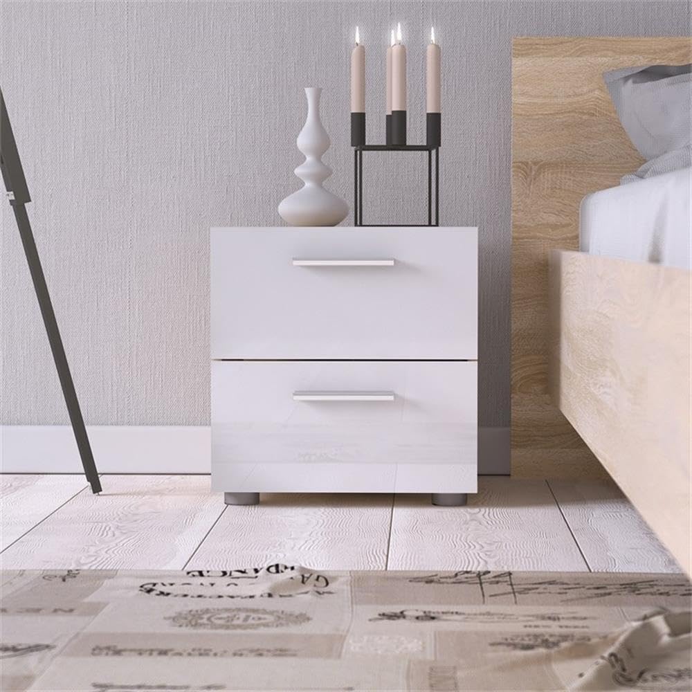 Modern 4-Piece Oak & White Gloss Bedroom Set with Nightstands, Dresser & Chest | Space-Saving Storage Solution for Small Bedrooms & Apartments