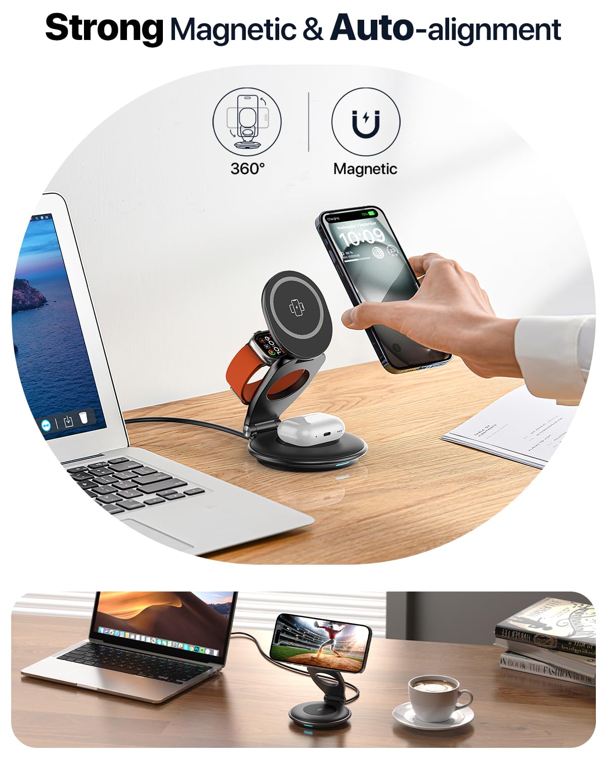 EXW Travel Magnetic Wireless Charging Station for iPhone 16/15/14/13/12 Series, Apple Watch & AirPods - 30W Fast Charger Included | Portable Foldable Magsafe Charger for Multiple Apple Devices | Perfect for Travel, Office & Home Use