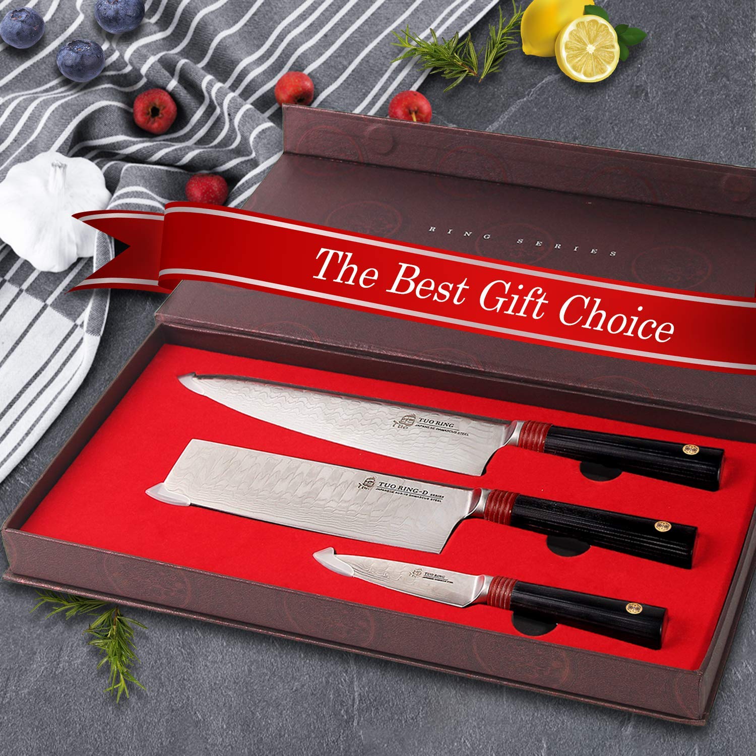 Premium TUO Damascus Kitchen Knife Set - 3-Piece Japanese AUS-10 High Carbon Stainless Steel (8