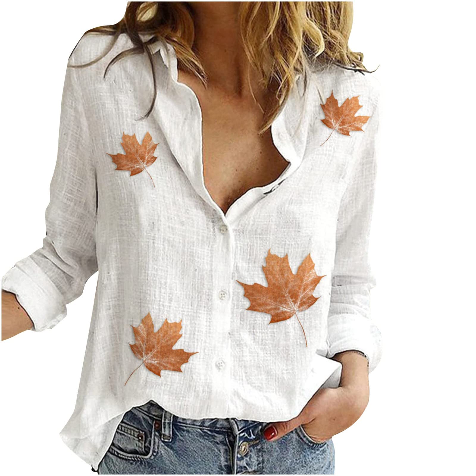 Women's Summer Tops - Lapel V-Neck Mushroom Print Shirts, Cotton Linen Blend Long Sleeve Button Down Blouses | Casual Office Wear & Outdoor Summer Outfits