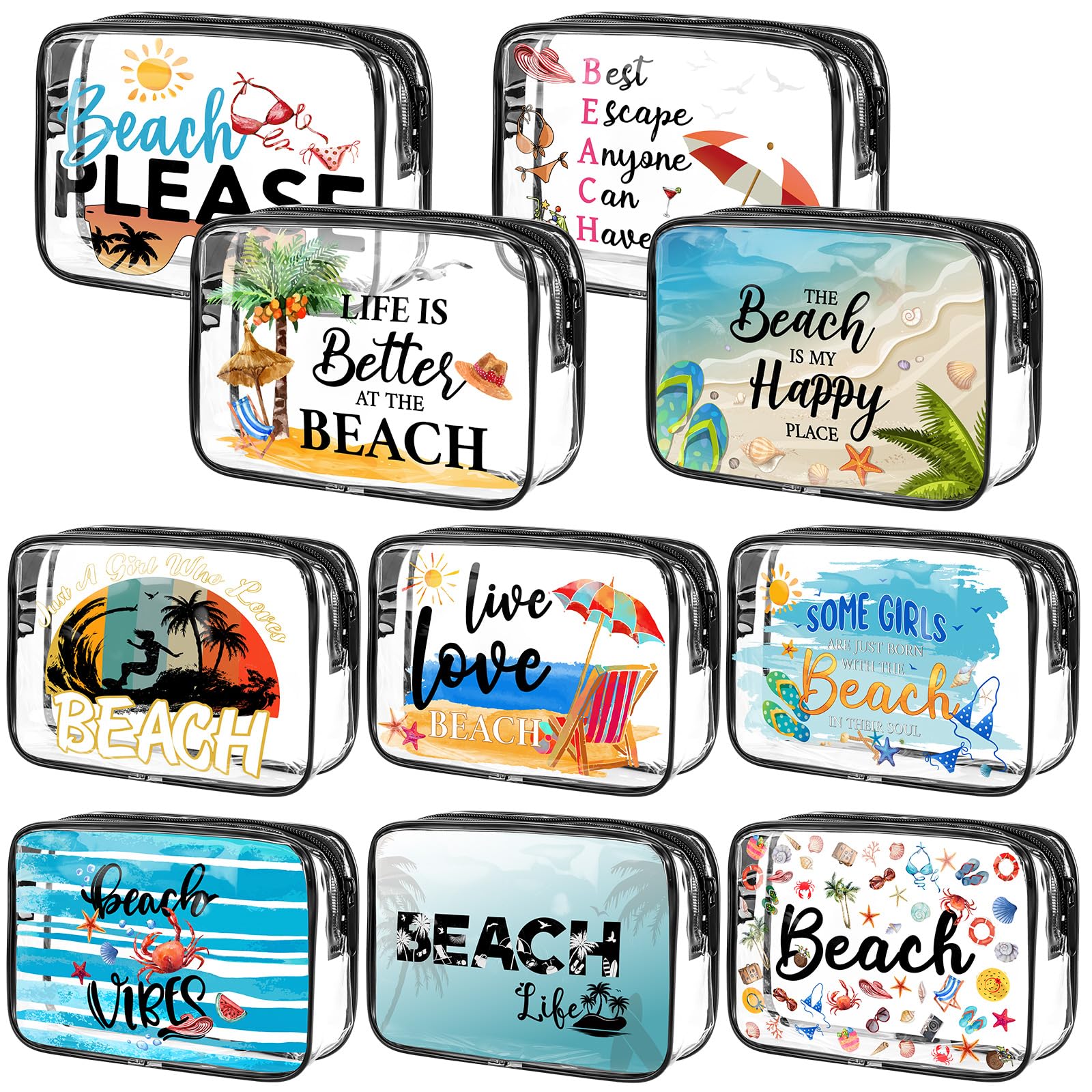 10 Pack Clear Makeup Bags for Women - Waterproof Travel Toiletry Organizer, Beach Cosmetic Pouch Set - Perfect Gift for Friends, Sisters & Nurses - Great for Vacation, Beach Trips & Daily Organization