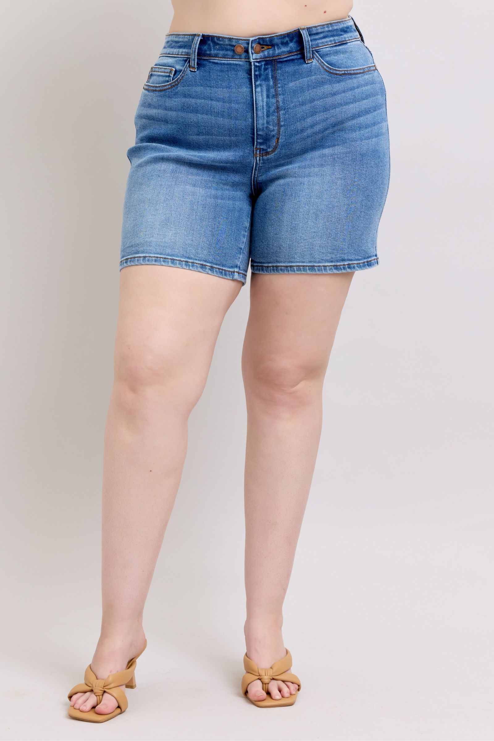 Judy Blue Women's High Waisted 2 Button Denim Shorts with Pockets - Comfortable Stretch Jeans for Summer, Casual Wear & Outfits