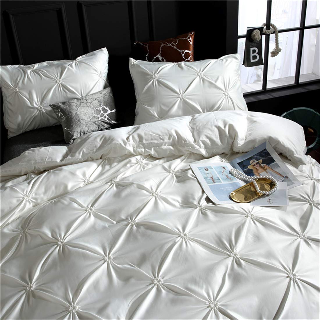 Luxury White Pinch Pleated Duvet Cover Set - Twin Size Silk Satin Bedding with Zipper & Ruffle Design - Microfiber Comforter Cover for Elegant Bedroom Decor - Perfect for Guest Rooms, Master Bedrooms & Luxury Hotels