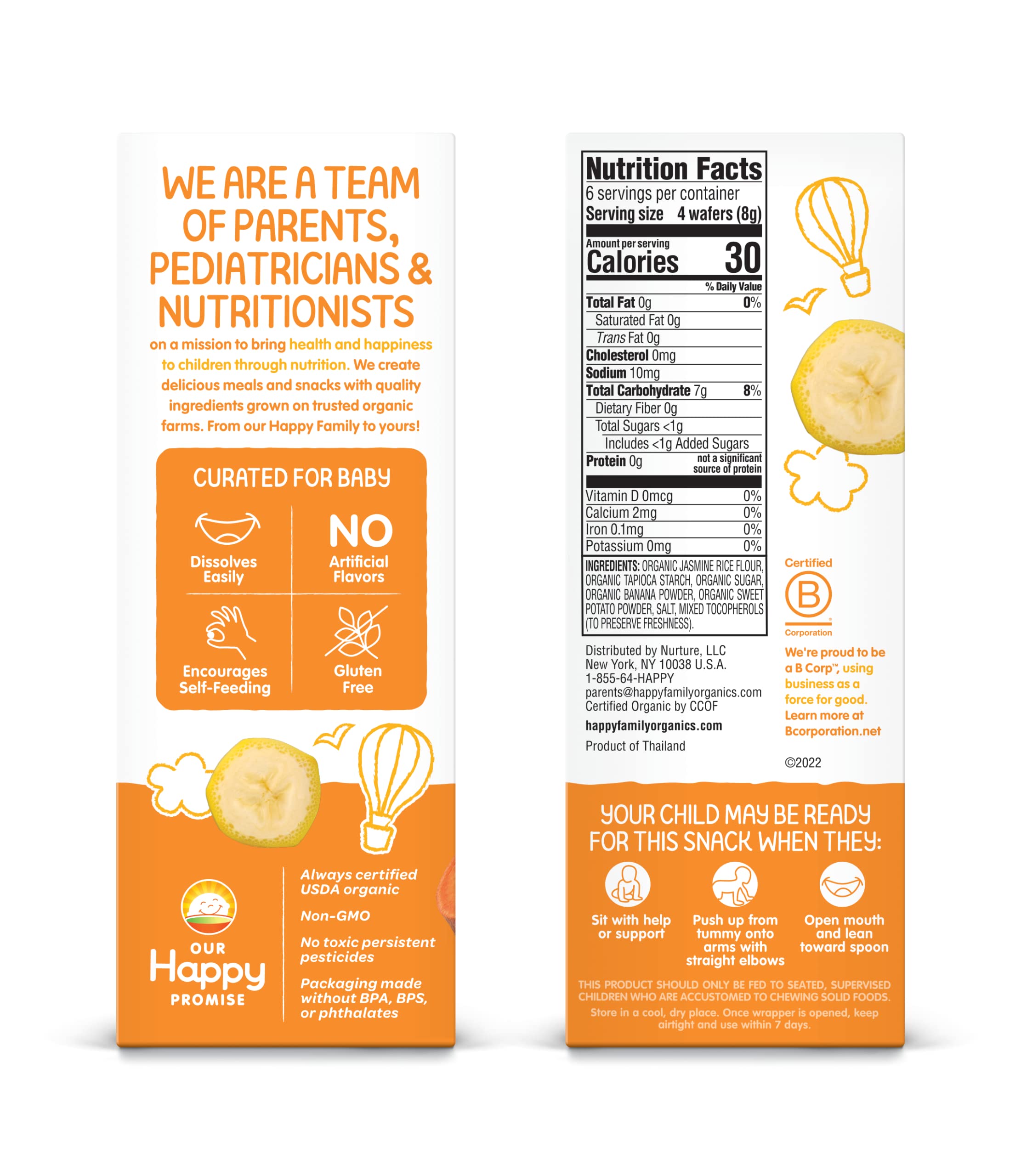 Happy Baby Organics Gentle Teething Wafers - Gluten Free & Vegan Baby Snacks, Sweet Potato & Banana Flavor, 12 Count (Pack of 6) - Perfect for Soothing Sore Gums & On-the-Go Snacking