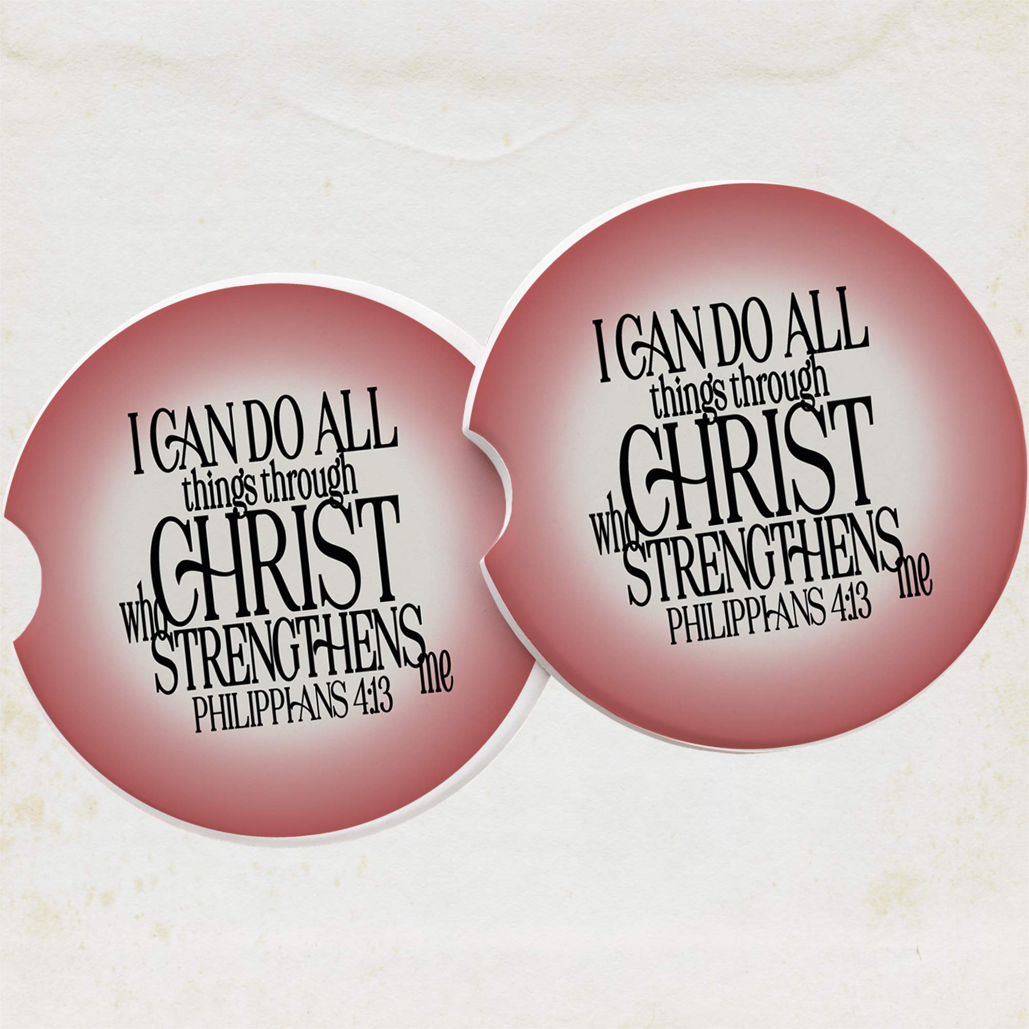 Philippians 4:13 Christian Bible Verse Car Coaster Set of 2 - 'I Can Do All Things Through Christ' Inspirational Quote on Pink & Cream Sandstone Absorbent Cup Holder Coasters for Home, Office & Auto Use