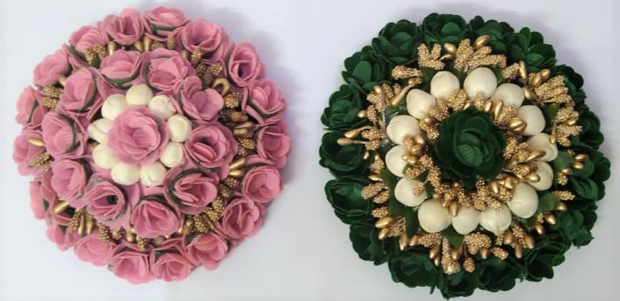 Ruchi Full Gajra Bun Hair Flower - 2 Pack Artificial Floral Hair Accessories for Women & Girls (Pink & Green) - Perfect for Weddings, Parties & Indian Traditional Events