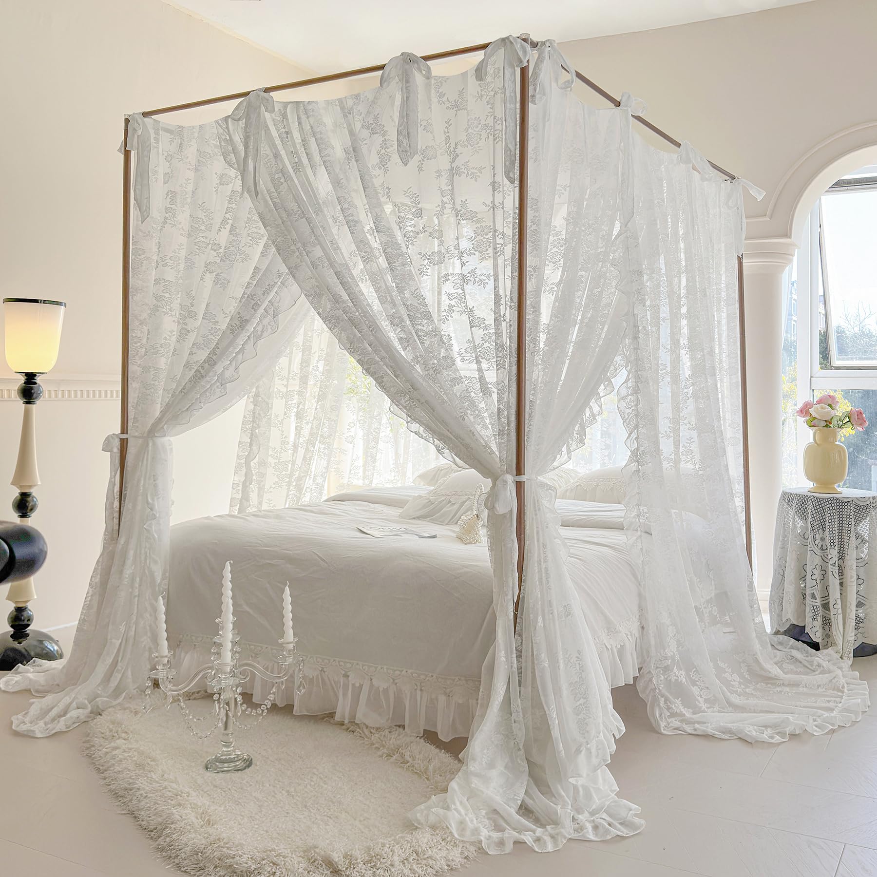 Elegant White Sheer Canopy Bed Curtains with Tie Backs - Bedroom Decor Drapes for Queen/King Size Beds | Perfect for Romantic Bedroom Makeover, Wedding Decor & Boho Chic Style