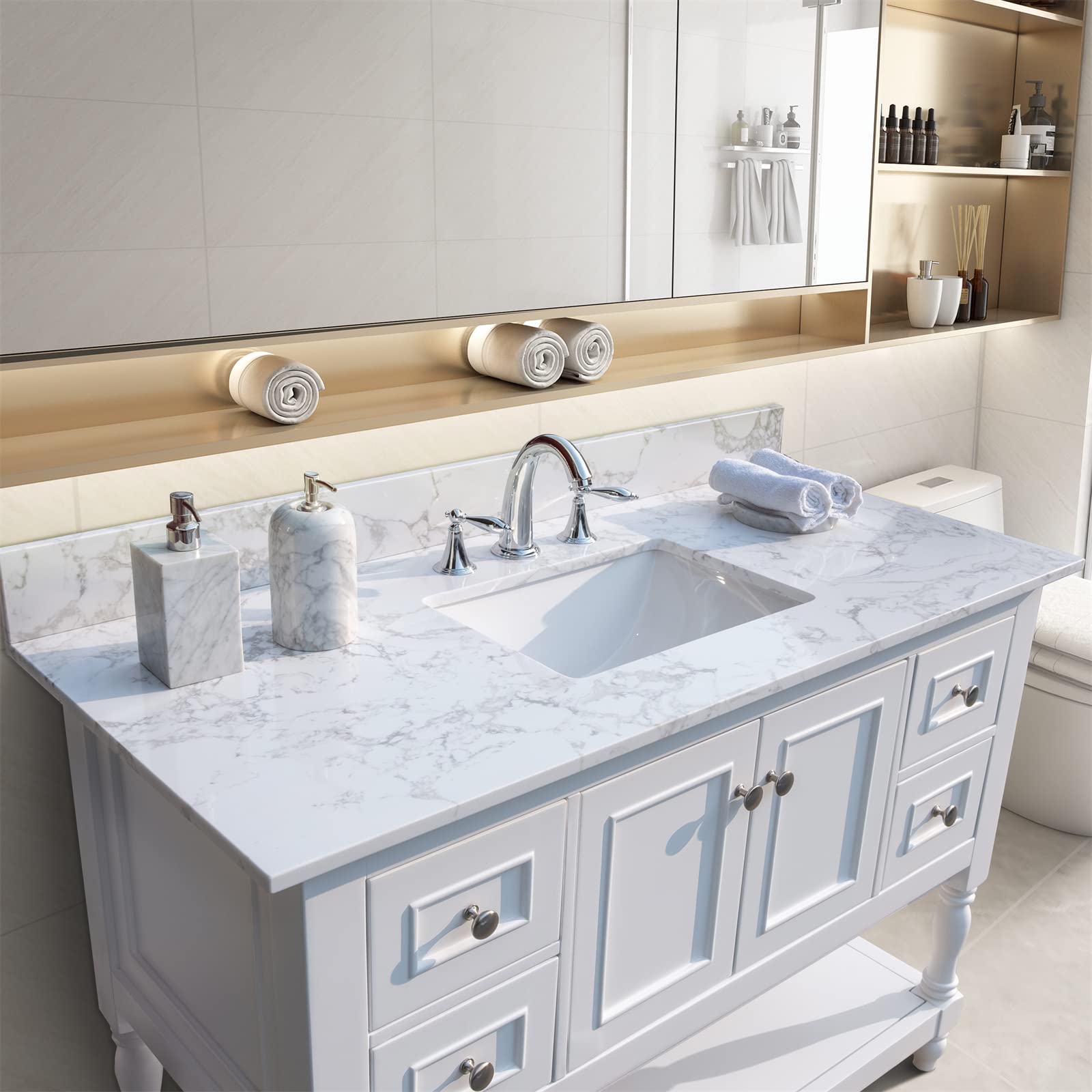 Syero 43x22 Inch Modern Bathroom Vanity Single Sink - White Engineered Stone Countertop with Rectangle Undermount Ceramic Sink, 3 Faucet Holes & Backsplash (Cabinet Not Included) - Perfect for Small Bathrooms, Powder Rooms & Guest Baths