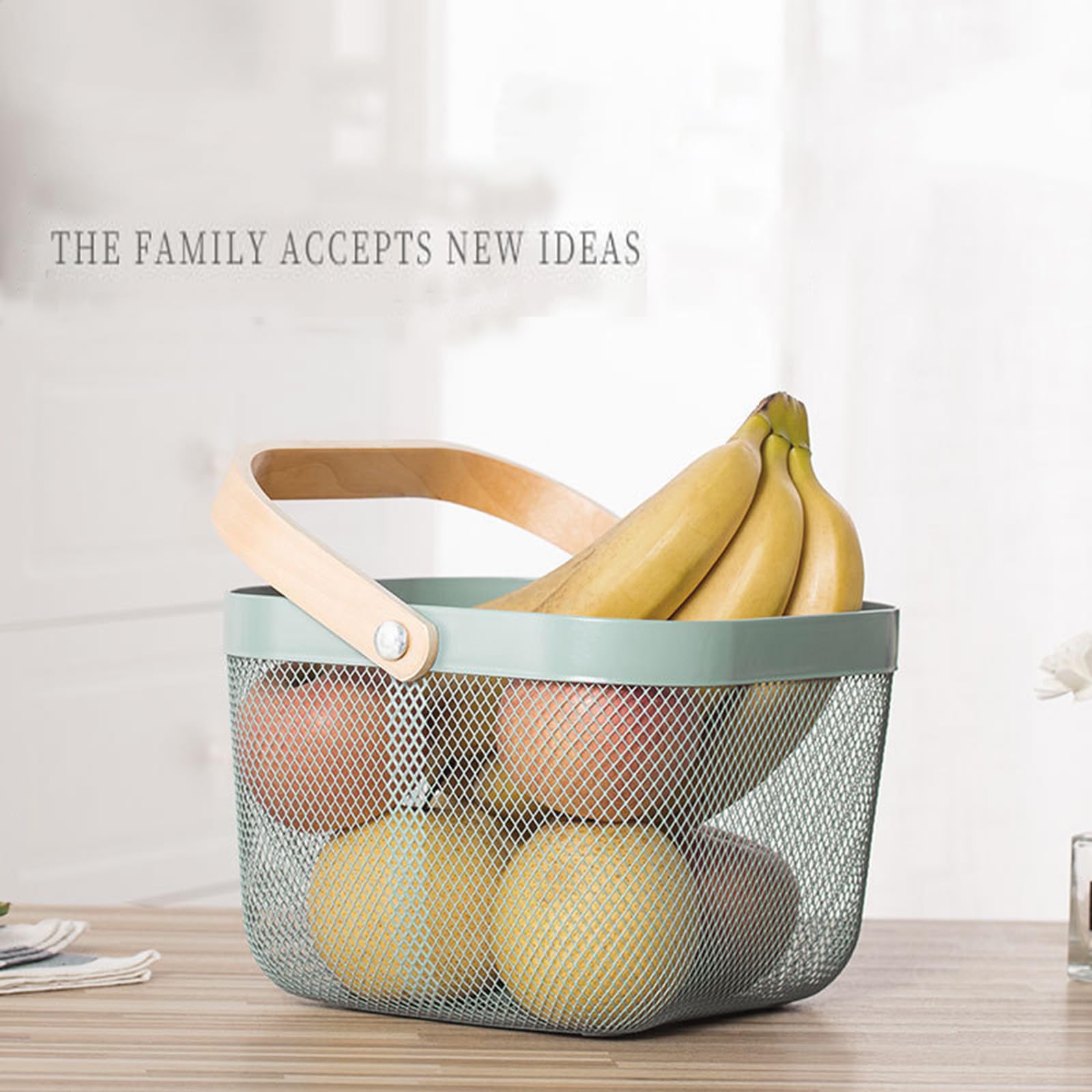 Stainless Steel Mesh Storage Basket with Bamboo Handle - 9.84 x 10.2 x 7 Inch Mint Green Organizer for Kitchen, Bathroom, Office & Laundry - Perfect for Fruits, Vegetables, Toys & Household Items