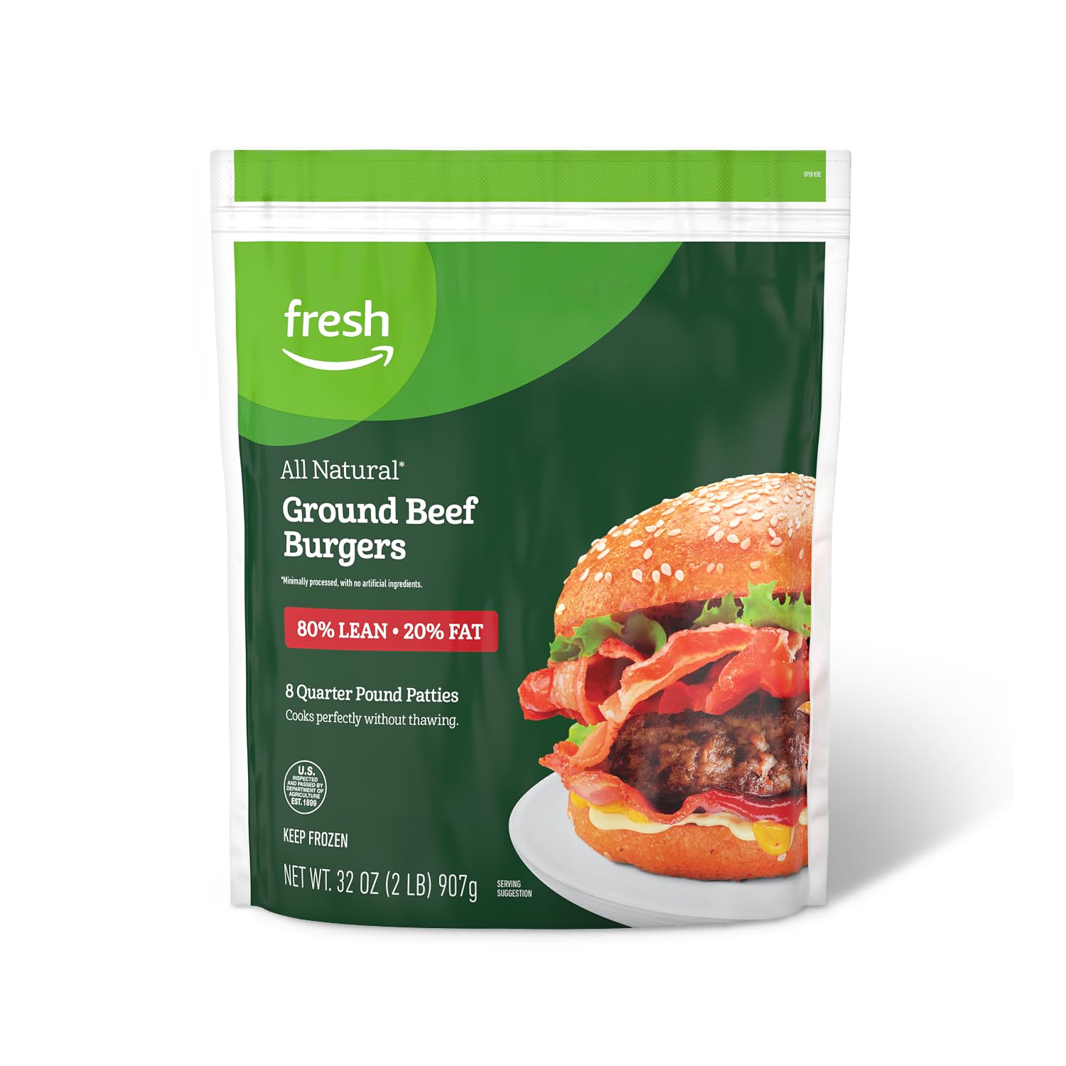 Amazon Fresh All Natural Ground Beef Burgers - 80% Lean 20% Fat - Frozen 2 Lb (8 Count) - Perfect for Grilling, BBQs & Family Dinners